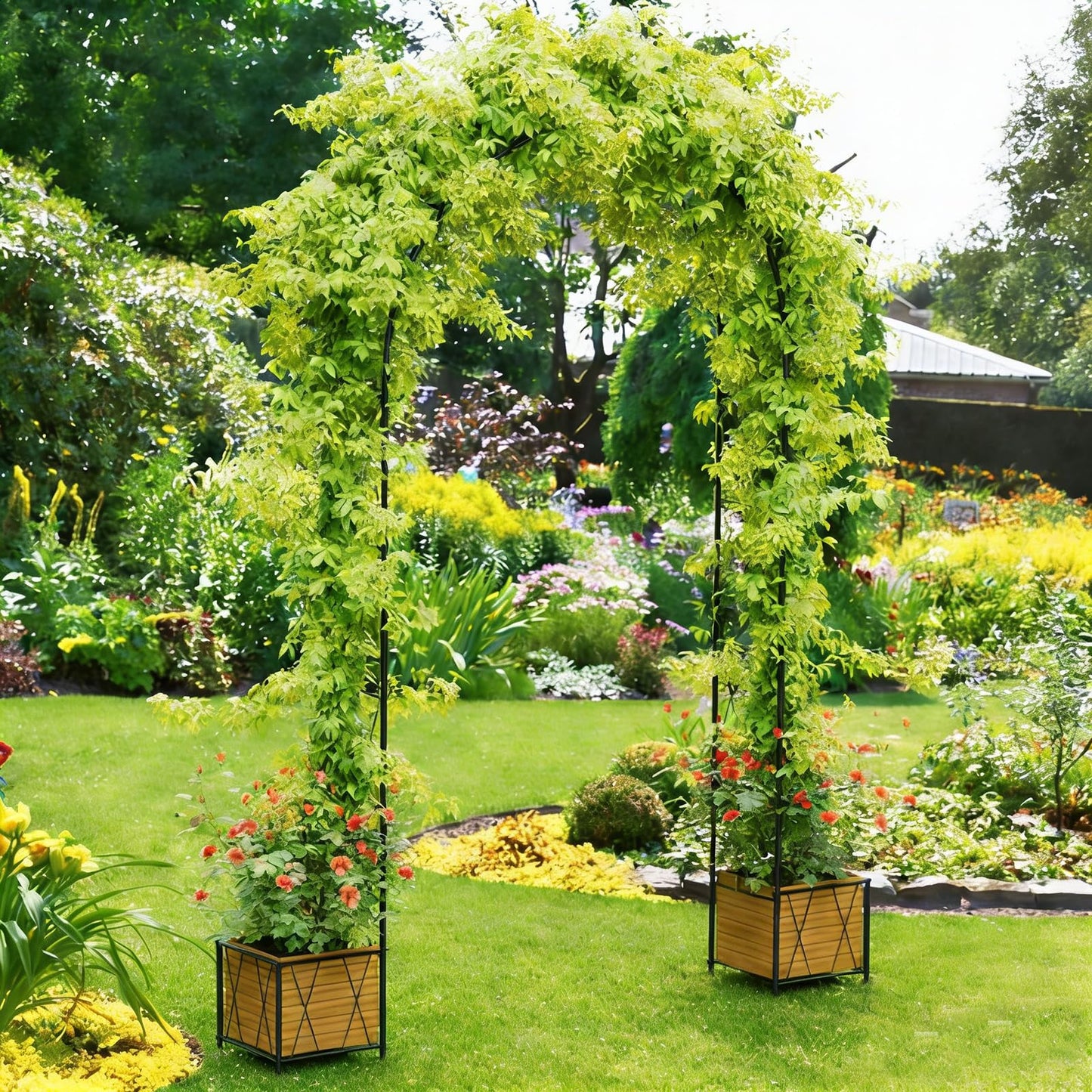 Metal Garden Arch Trellis for Climbing Plants Outdoor, Garden Arbors Archway Arched Trellis with Planter Boxes, Wedding Arches for Ceremony Arch Backdrop Stands for Party Christmas Decorations, Black