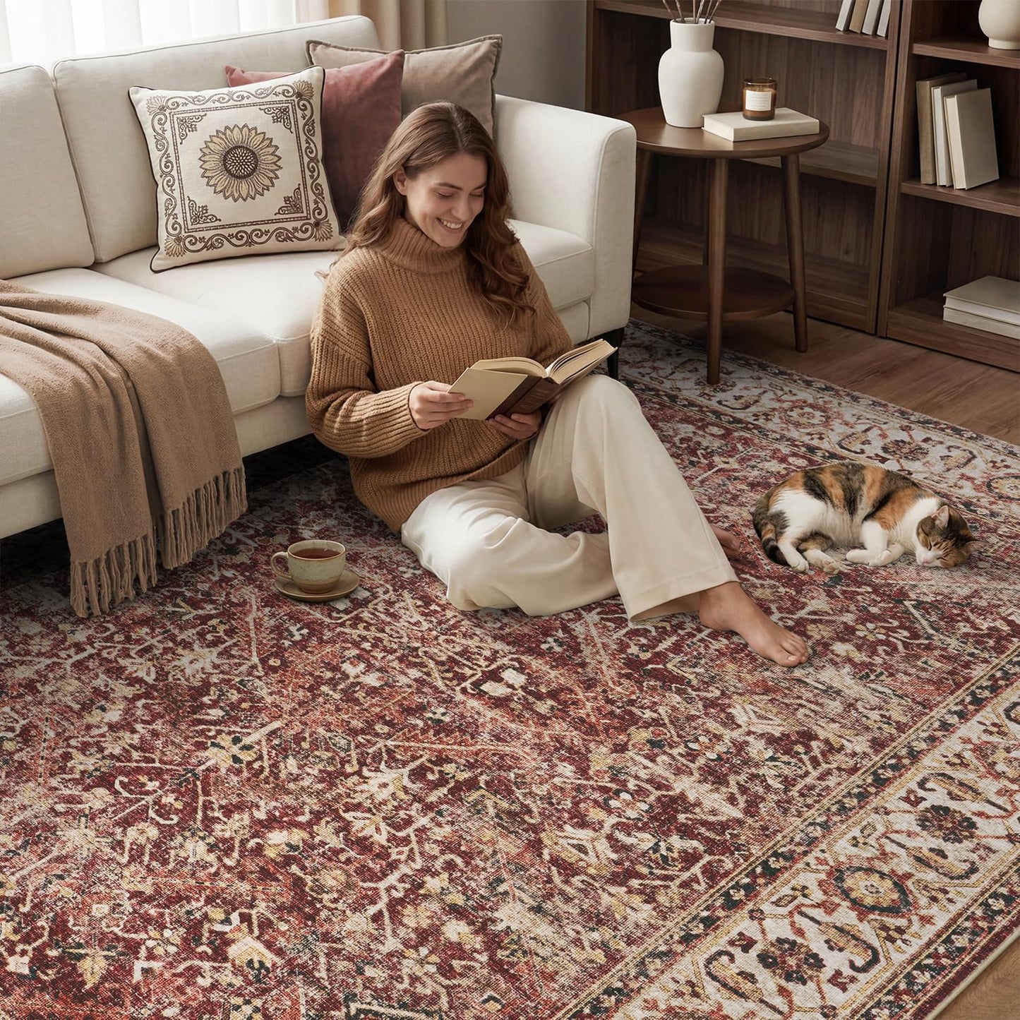 Retro Red Area Rug for Living Room 5x7 Large Carpet-Machine Washable Vintage Traditional Rugs for Bedroom Dining Room Office Non Slip Rug