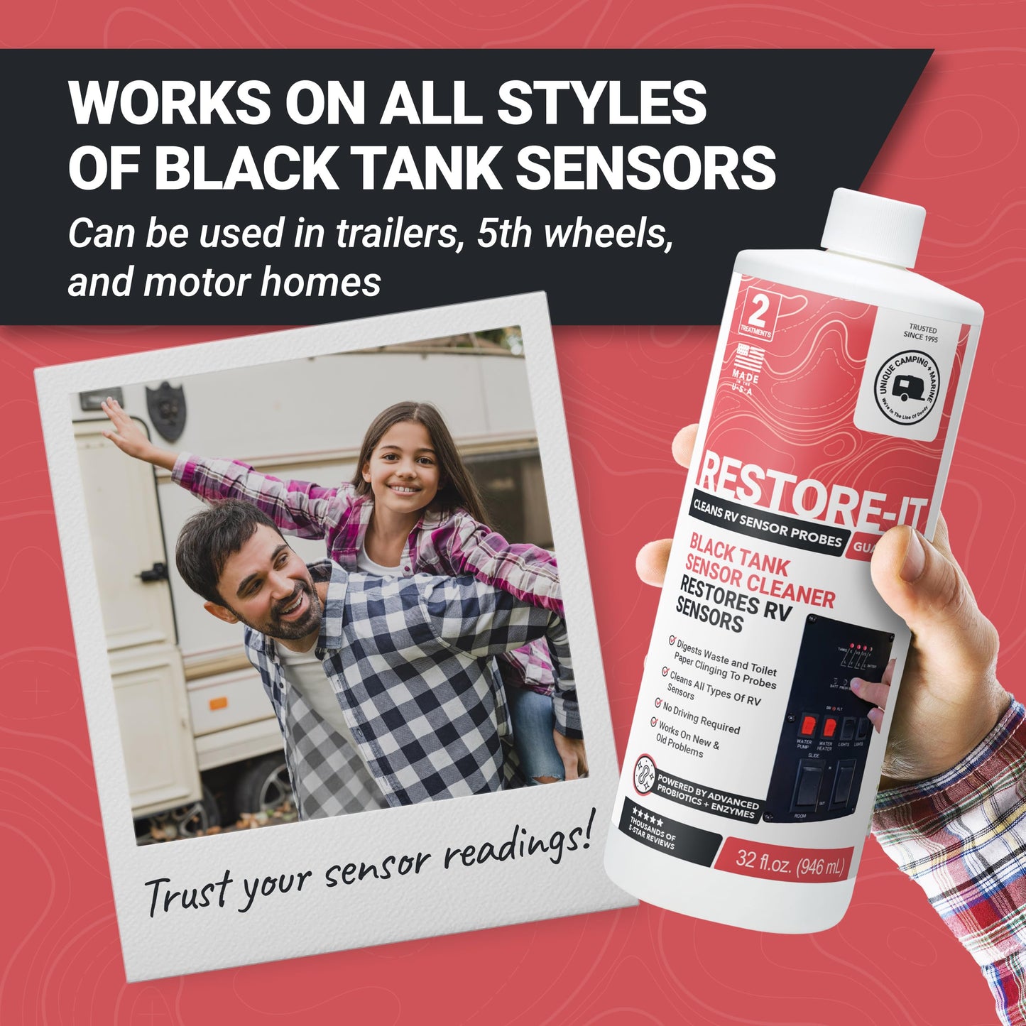 Unique Restore-It RV Sensor Cleaner Liquid for Black Water Holding Tanks - Cleans and Restores Misreading Camper Black Tank Sensor Probes, Formerly Sensor Cleaner, CA Compliant (32 oz.)
