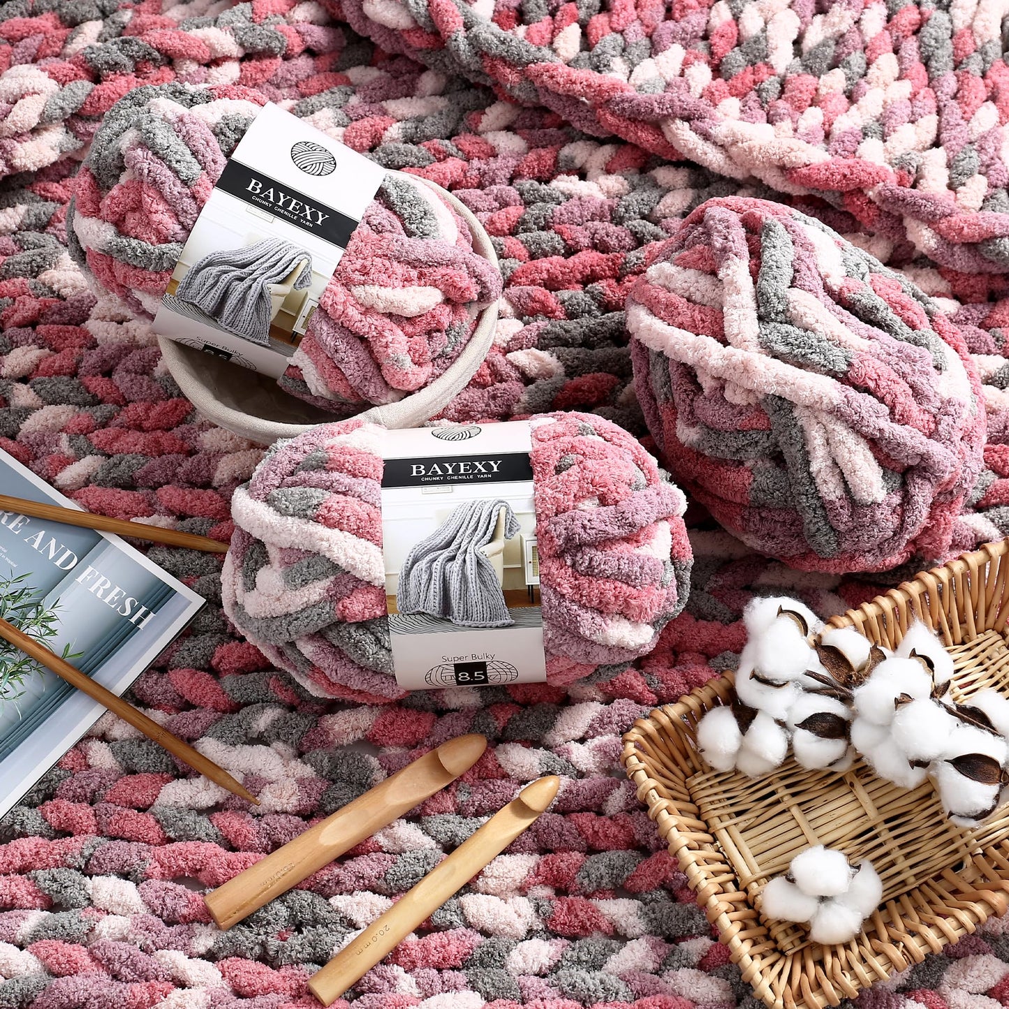 BAYEXY Chunky Chenille Yarn for Hand Knitting 8 Jumbo Pack Jumbo Chunky Yarn for Hand Soft Blanket Knitting, Bulky Thick Fluffy Yarn for Crocheting (Cherry Blossom)