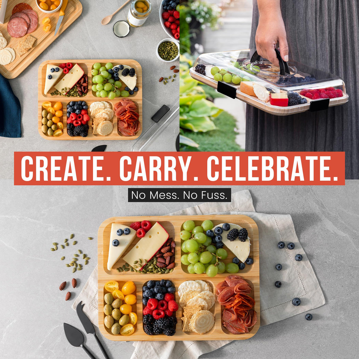 Chef Pomodoro Travel Charcuterie Board with Lid, Serving Tray, Portable, Covered Tray with Lid, Cheese Platter, Wood Grazing Board with 6 Compartments 14.4 X 11.4 in (36.7 X 29 cm)