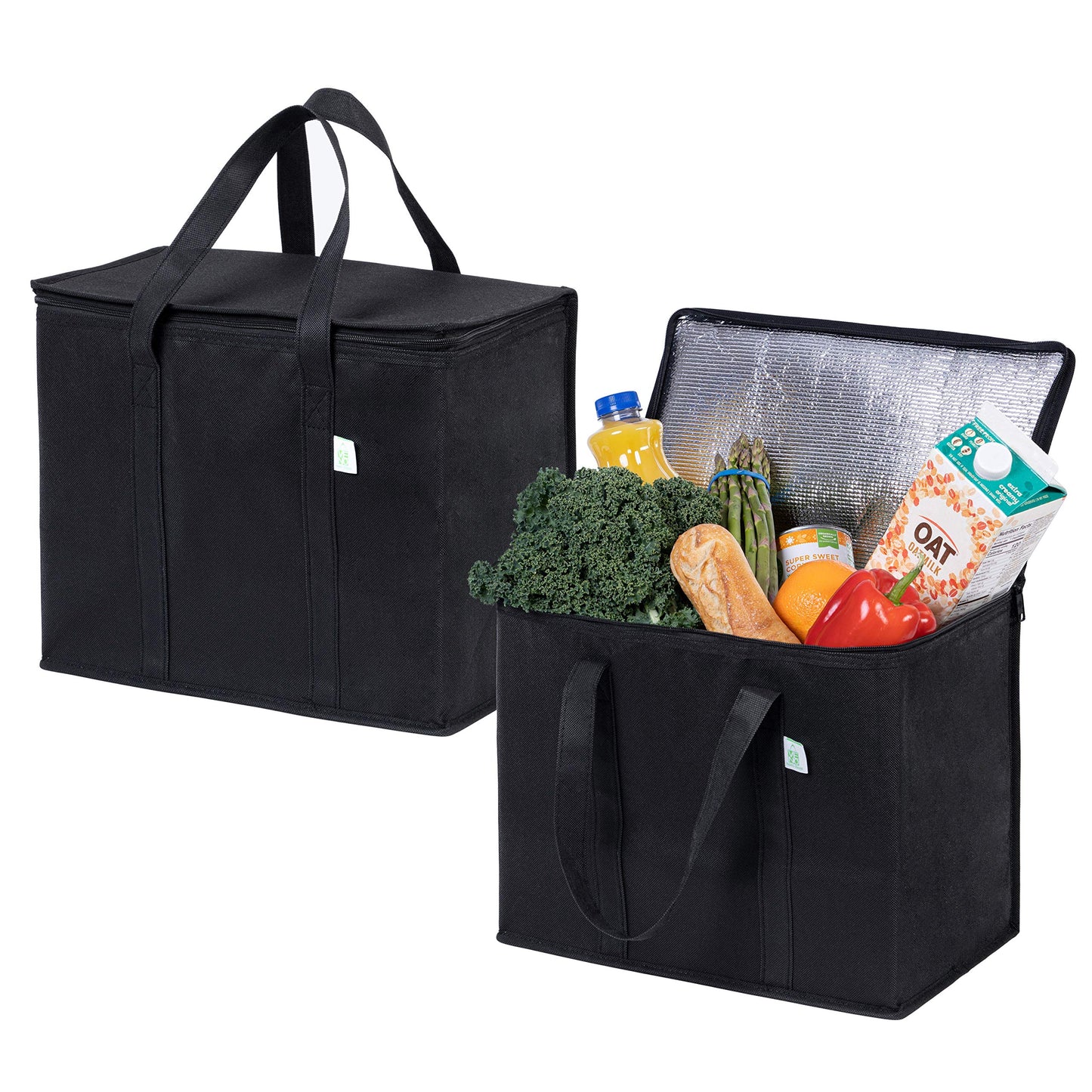 VENO 2 Pack Insulated Reusable Grocery Bag, Food Delivery Bag, Durable, Heavy Duty, Large Size, Stands Upright, Collapsible, Sturdy Zipper, Reusable and Sustainable (Black, 2 Pack)