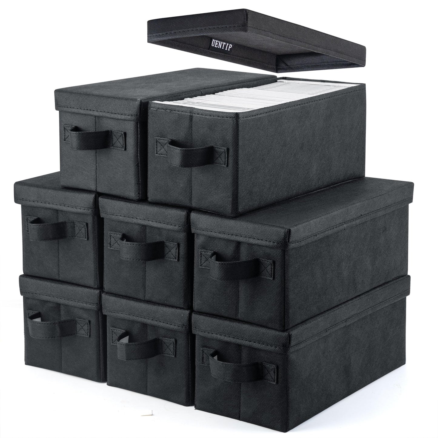 UENTIP CD Storage Boxes with Lid-13.2" x 5.9" x 5.3" (Black, CD BOX-8PACK)