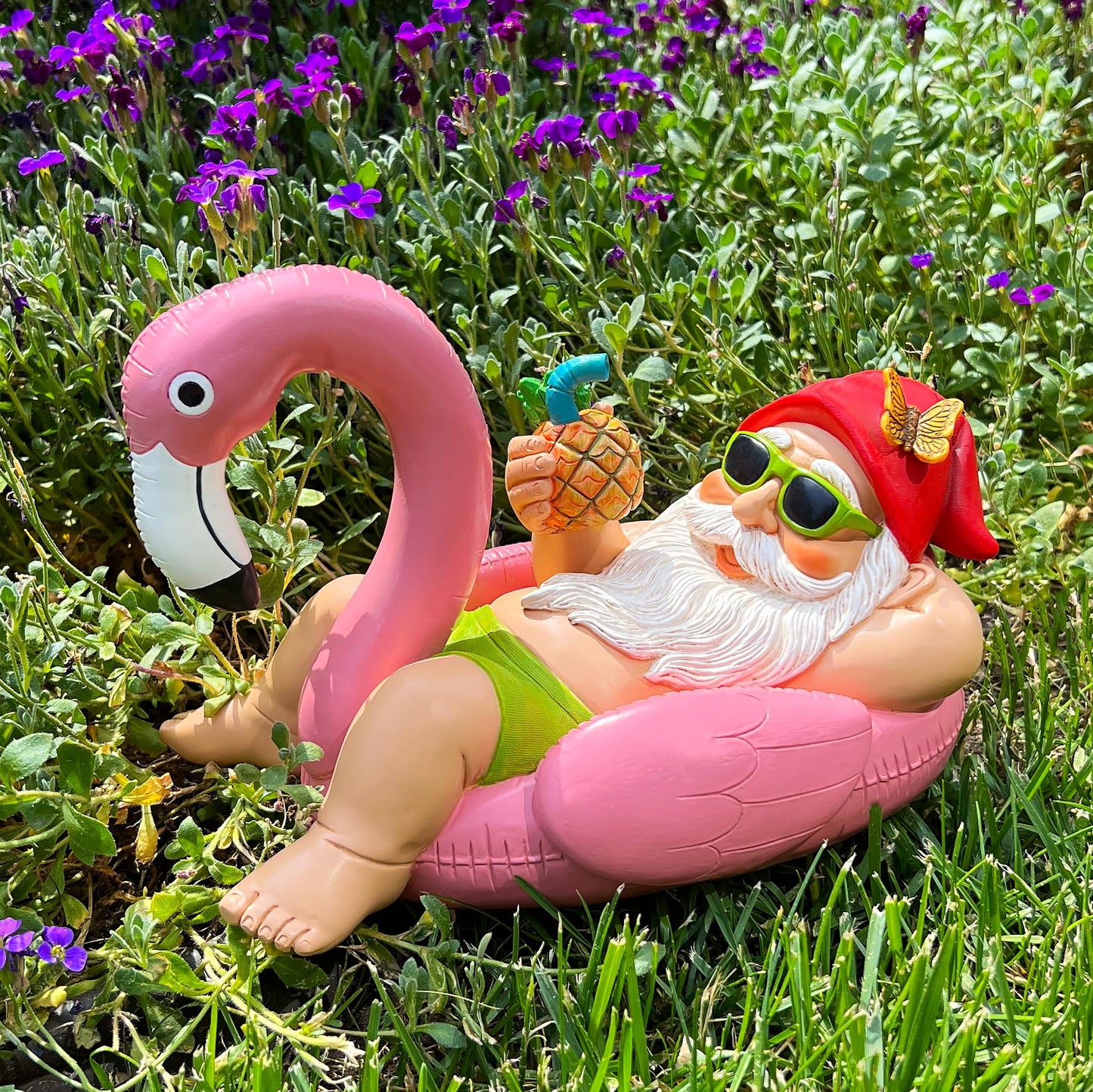 Mood Lab Garden Gnome on Flamingo - Funny Gnome Figurine - 8 Inch Depth Lawn Statue - for Outdoor or House Decor