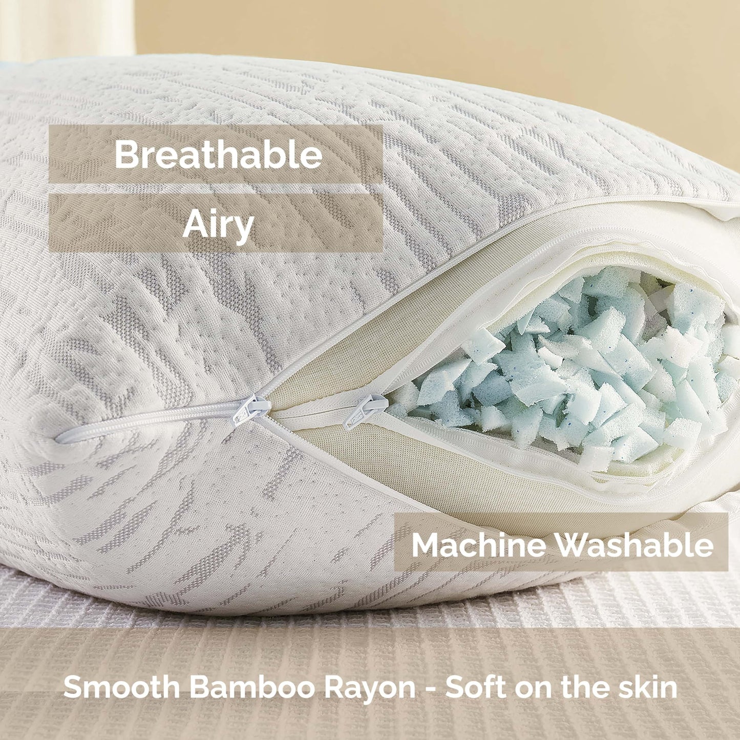 Clara Clark Bamboo Foam Pillows 2-Pack – Shredded Memory Foam Bed Pillow All Side Sleeper Adjustable Loft Pillows – Cooling Velvet Soft Rayon Bamboo Removable Cover – Hypoallergenic – King/Cal King