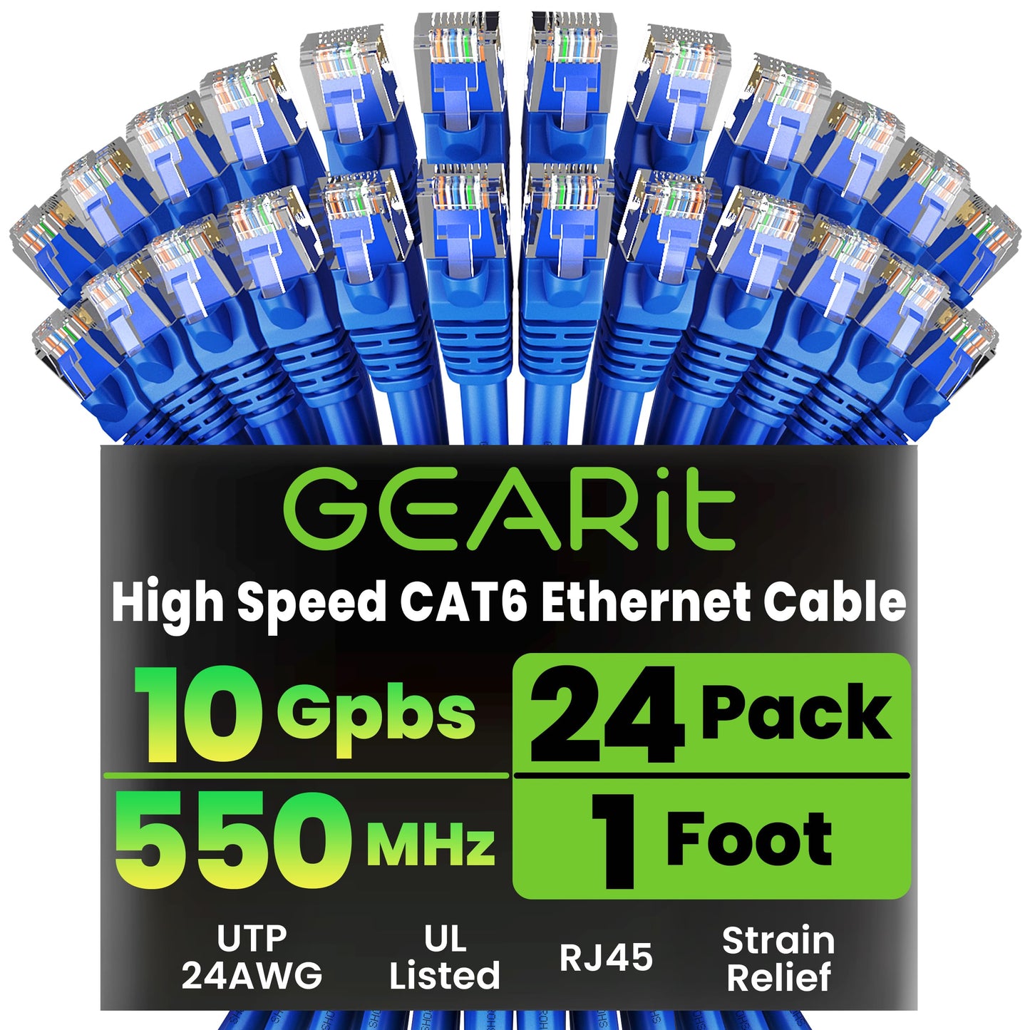 GearIT 24-Pack, Cat 6 Ethernet Cable Cat6 Snagless Patch 1 Foot - Snagless RJ45 Computer LAN Network Cord, Blue - Compatible with 24 48 Port Switch POE Rackmount 24port Gigabit