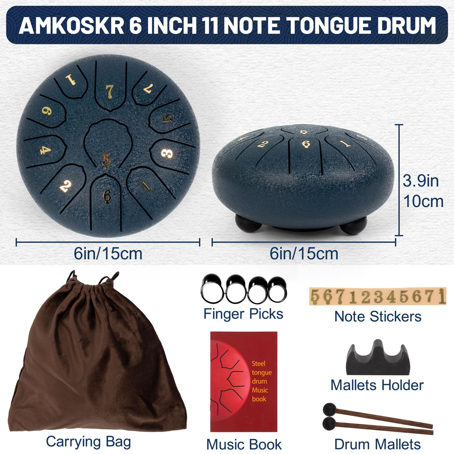 Amkoskr Rain Drum for Outside, 6 Inches 11 Notes Steel Tongue Drum C Major Steel Drum Instrument for Yoga, Meditation, Music Education, Gift