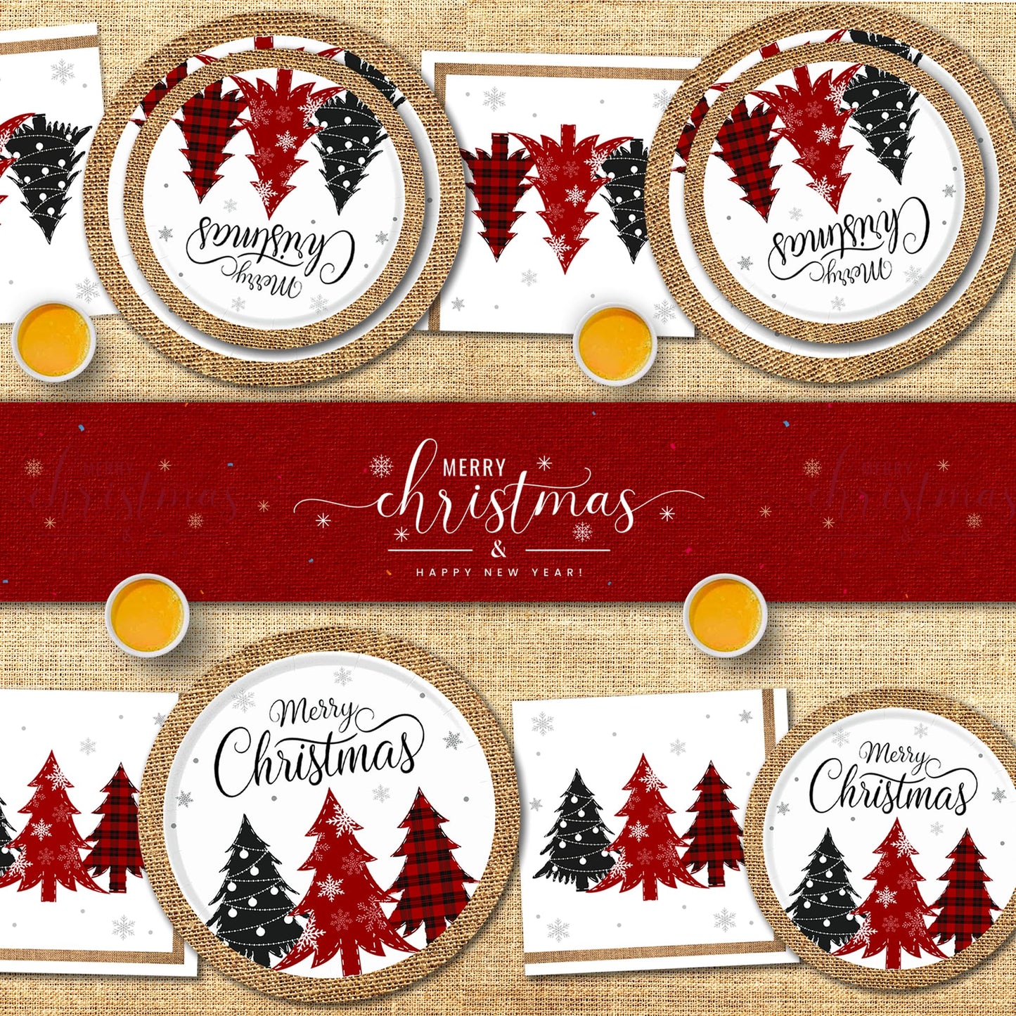 Christmas Paper Plates and Napkins(Serves 25), Christmas Plates Disposable, Christmas Tree Plates and Napkins set Included Dinner Plates, Dessert Plates, Napkins and Cups,Christmas Party Supplies