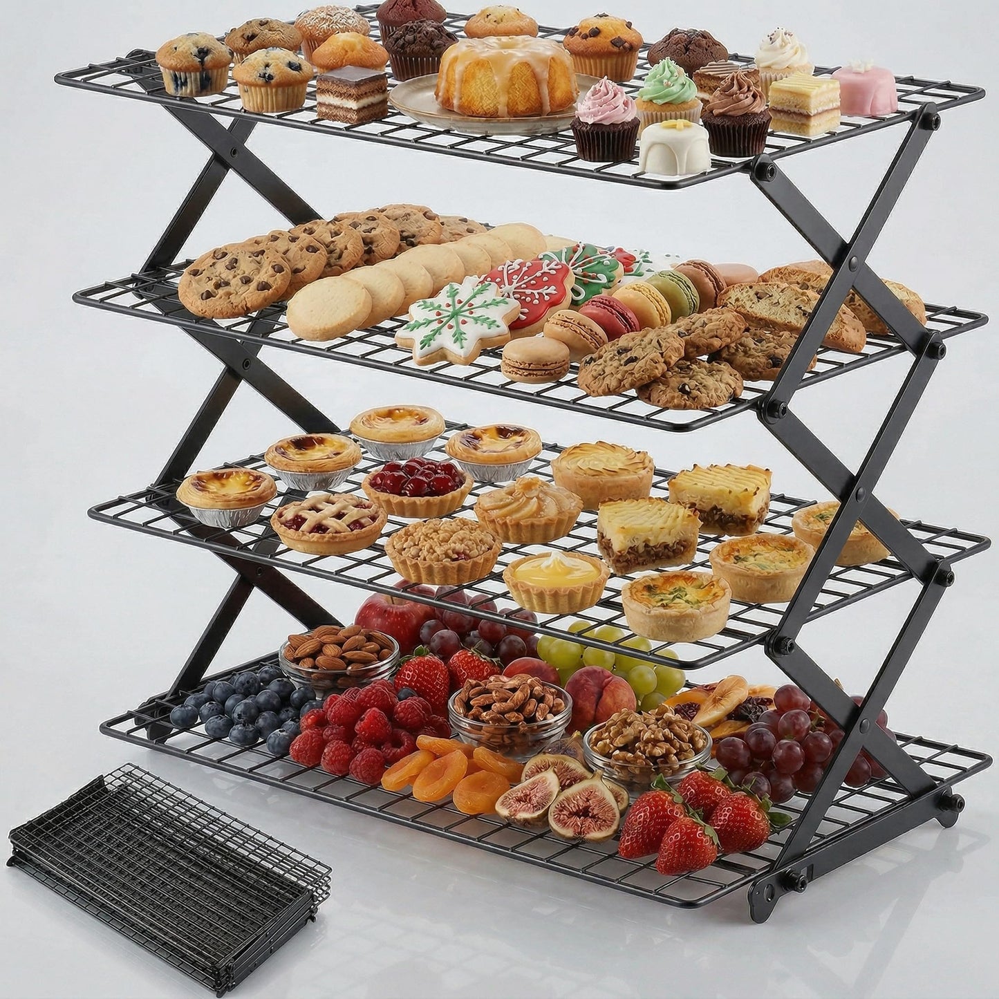 SCDGRW 4-Tier Collapsible Baking Cooling Rack, Small Grid Wire with 3 Adjustable Modes, Non-Stick Heavy Duty Wire Cooling Rack for Roasting, Cooking, Drying