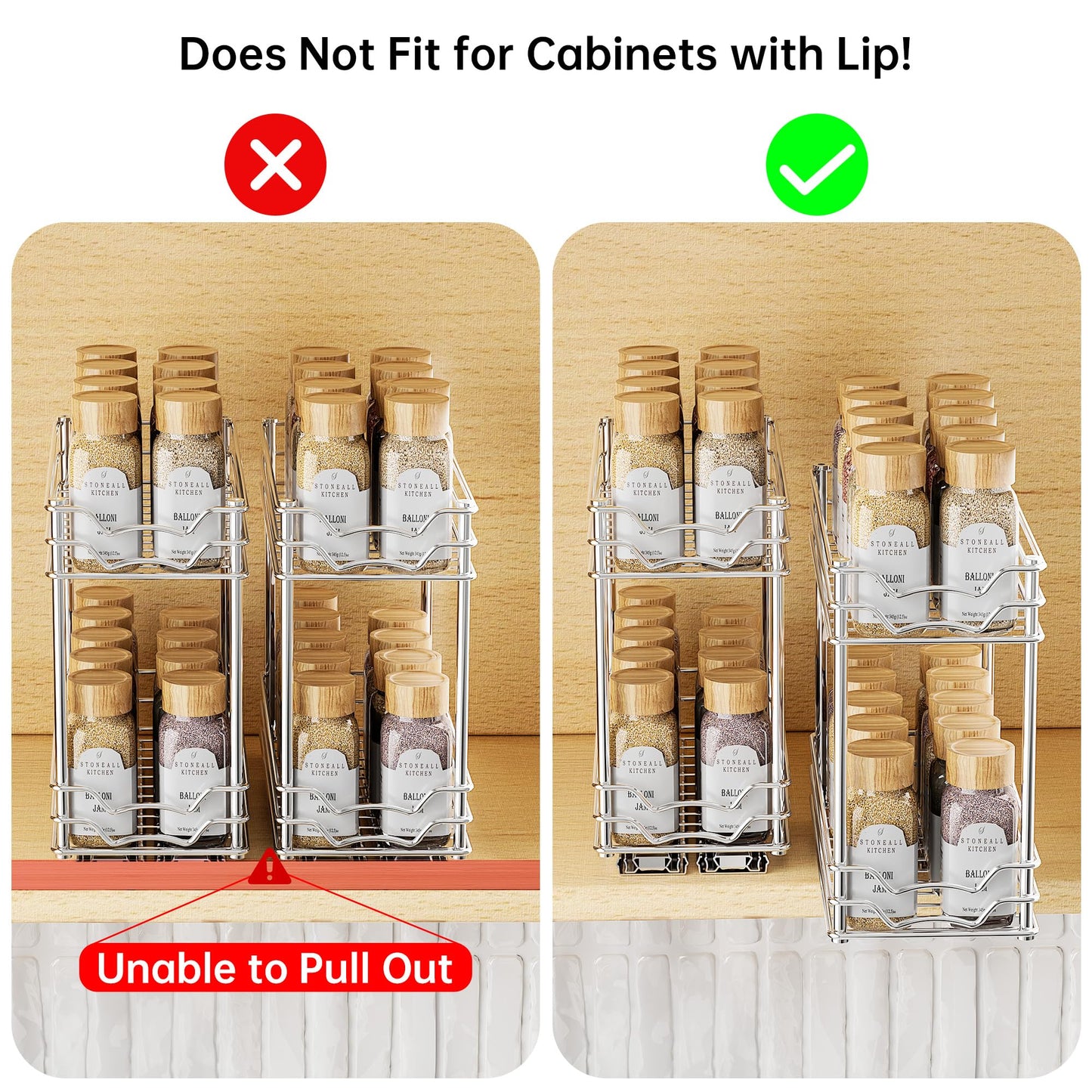 PanPanPal Pull Out Spice Rack Organizer for Inside Cabinet, 2 Tier Slide Out Spice Organization for Cabinet, Chrome Vertical Sliding Seasoning Organizer, 4.9''Wx10.4''Dx9.57''H