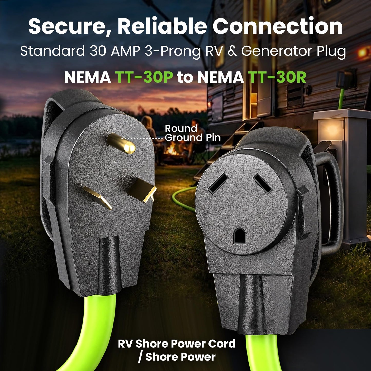 GEARit 30-Amp Extension Cord for RV and Auto, 125-Volt, 3-Prong, 10/3 STW 10AWG Gauge 3 Wire, NEMA TT-30P to TT-30R, Outdoor, Waterproof, Outdoor Camper Power Cord, 15 feet (4.5 Meters), Green