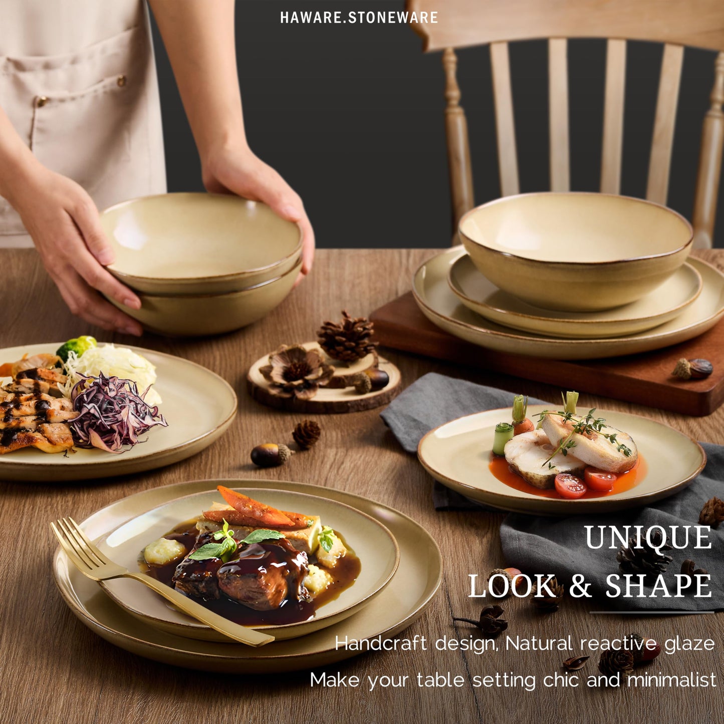 HaWare Dinnerware Sets, 12-Piece Stoneware Plates and Bowls Set, Dish Set for 4, Ceramic Dishware for Home Restaurant, Chip and Scratch Resistant, Microwave and Dishwasher Safe, Reactive Sandy Khaki