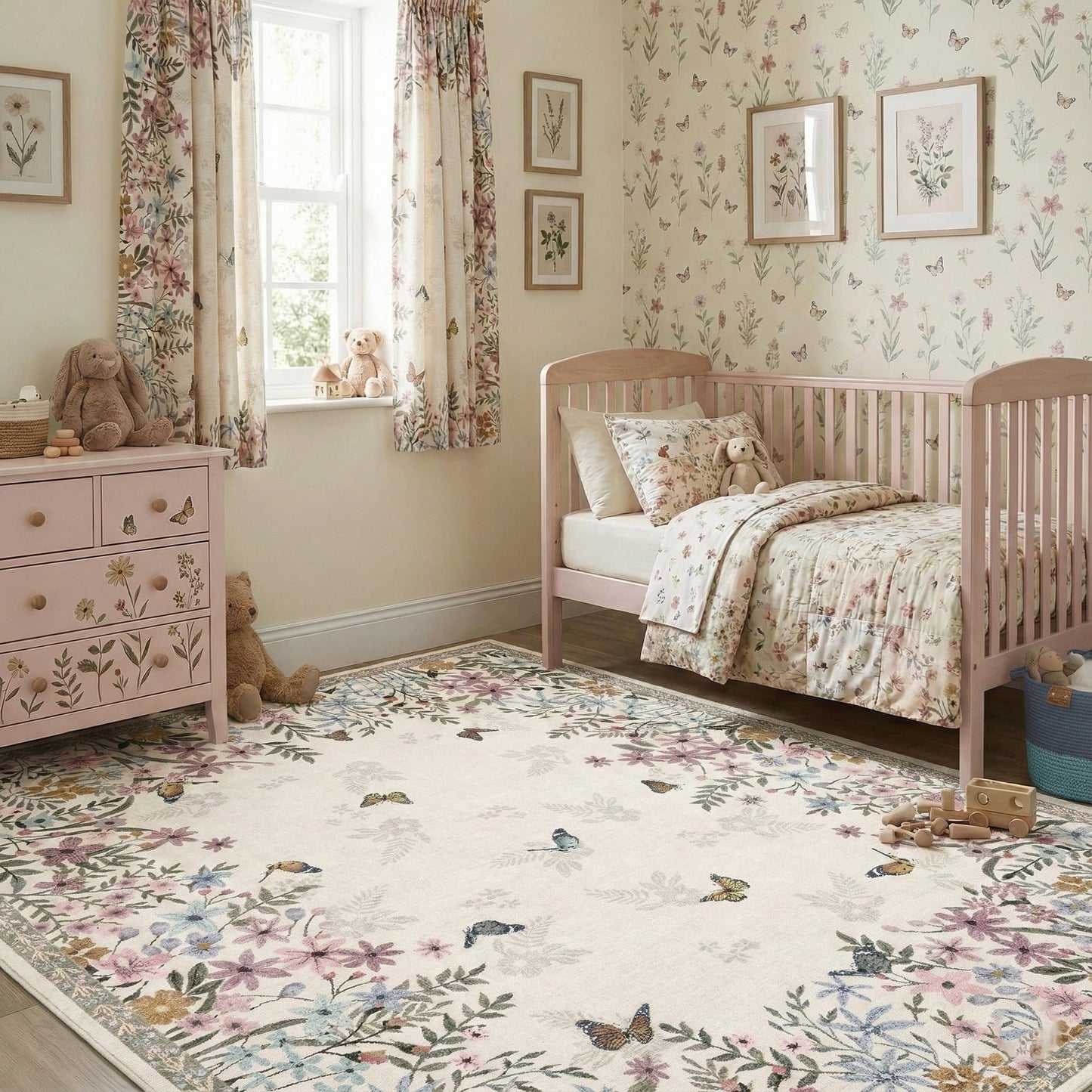 KUEAO 4x6 Area Rug Beige, Floral Rugs for Living Room, Lightweight Non Slip Washable Rug, Indoor Low Pile Boho Design Rugs for Bedroom Living Room Dining Room Beige