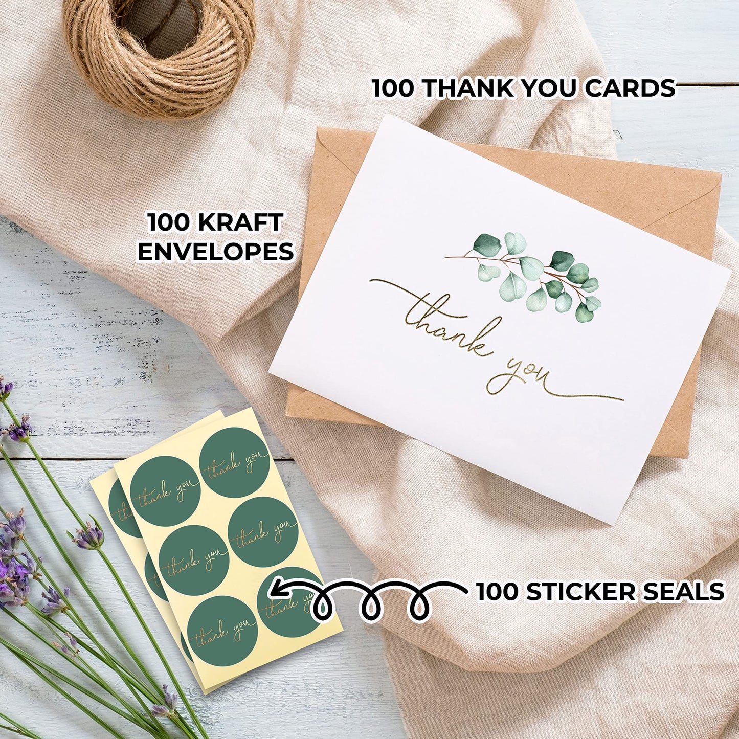 100 Heavyweight Blank Thank You Cards with Envelopes for a Personal Touch, Eucalyptus Thank You Card for Any Occasion, Wedding, Bulk Pack Card with Envelopes & Stickers (3.7 x 5.1 Inches) (100 Pack)