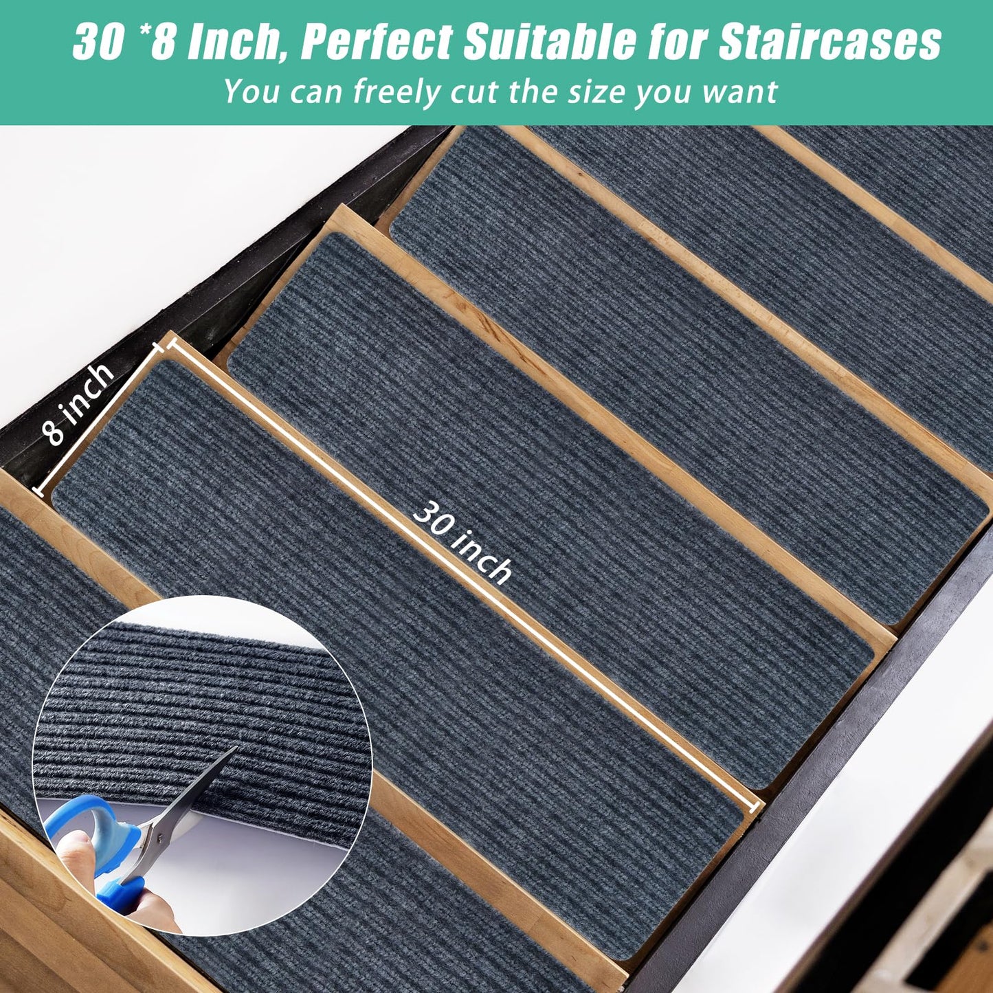 15 Sets of 8''x30 Non Slip Stair Treads Indoor,Children, Elderly, and Pets Carpet Stair Treads, Stair Runners for Wooden Steps,Reusable Adhesive Free Self-Adhesive Staircase Pad,Dark Grey
