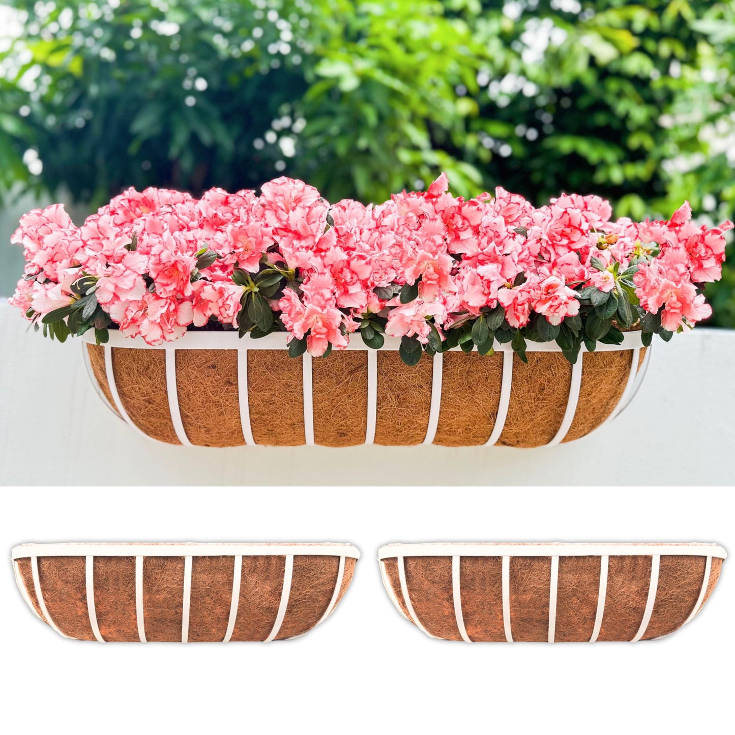 LaLaGreen Window Planter Box (24 Inch, 2 Pack) White Metal Deck Railing Flower Boxes with Coco Liners, Rectangular Wall Planters for Outdoor Plants Horse Troughs Fence Balcony Garden Herb Patio Porch
