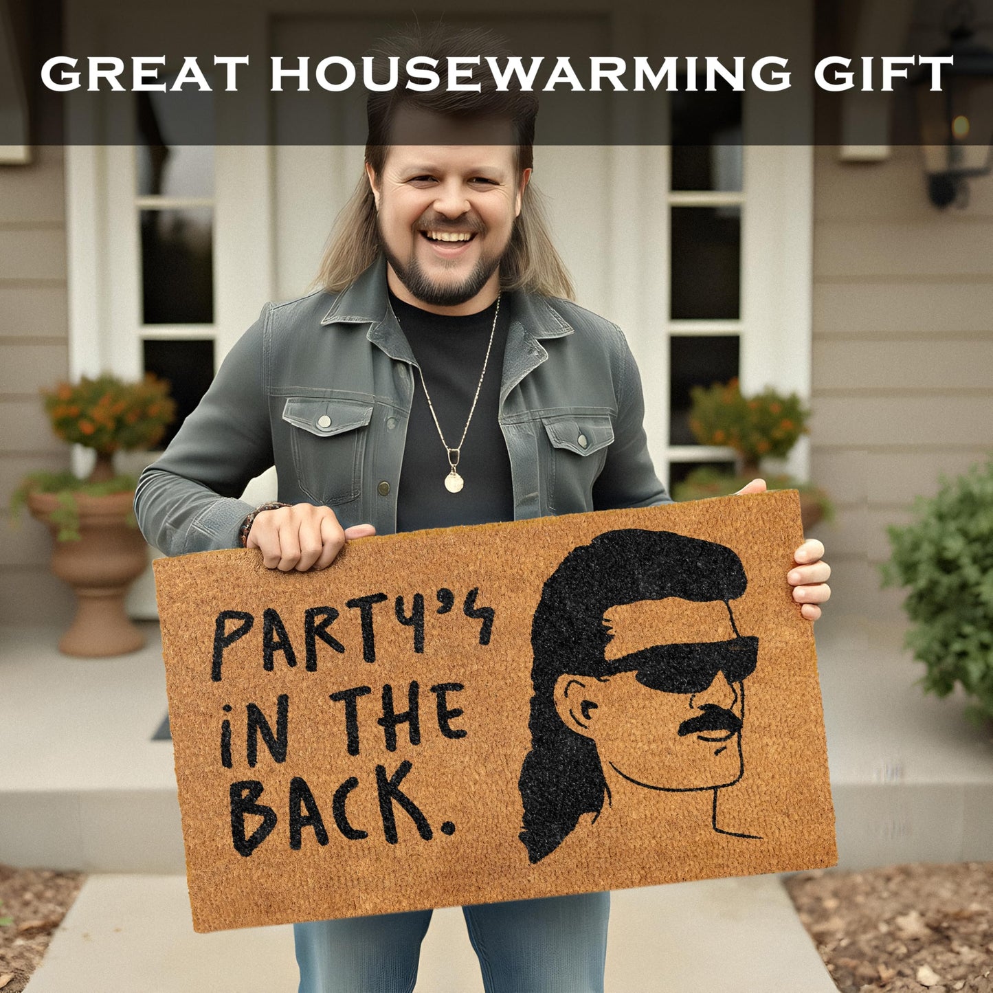 Party's in the Back Door Mat 30x17 Inch, Welcome Mat Funny for Covered Outdoor Area, Coir Doormat Decor w/Non-Slip PVC Backing