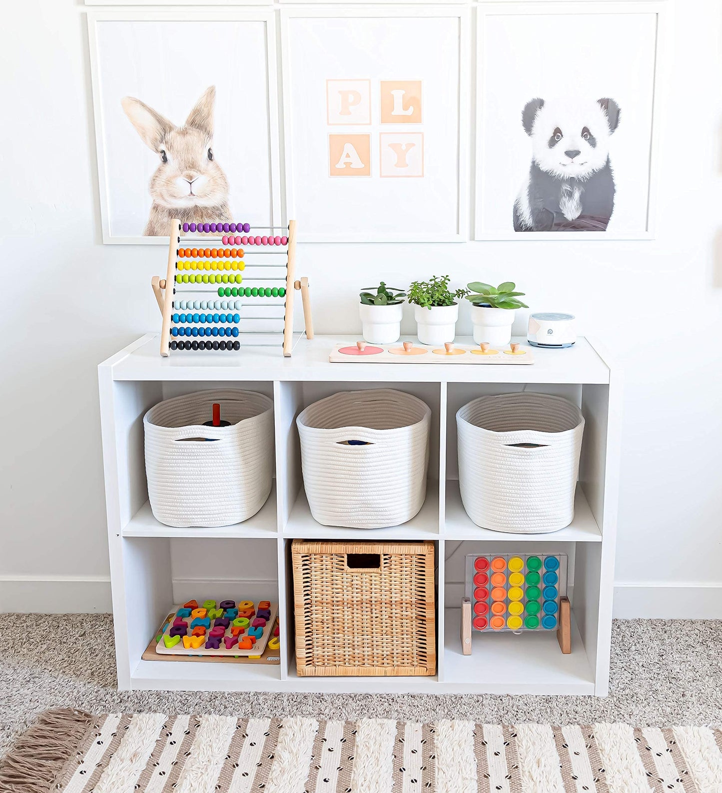 OrganiHaus Off White Soft Woven Baskets for Storage Organization Set of 3, Cotton Rope Storage Baskets for Shelves, Square Book Bins, Bathroom Towel Hamper, Panier Rangement