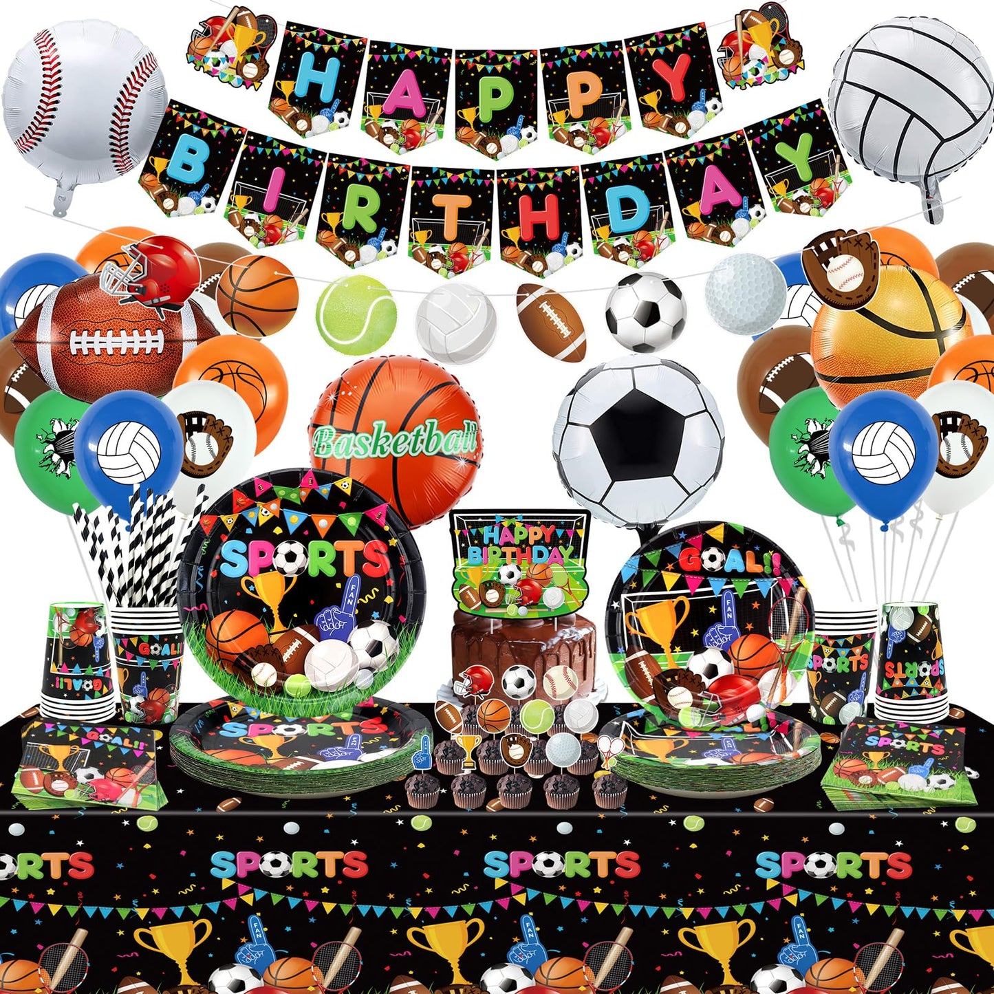Sports Theme Birthday Party Decorations - Including Happy Birthday Banner, Tablecloth, Tableware and Balloons, Soccer Basketball Baseball Football Theme Party Supplies for Kids and Adult, Serves 20