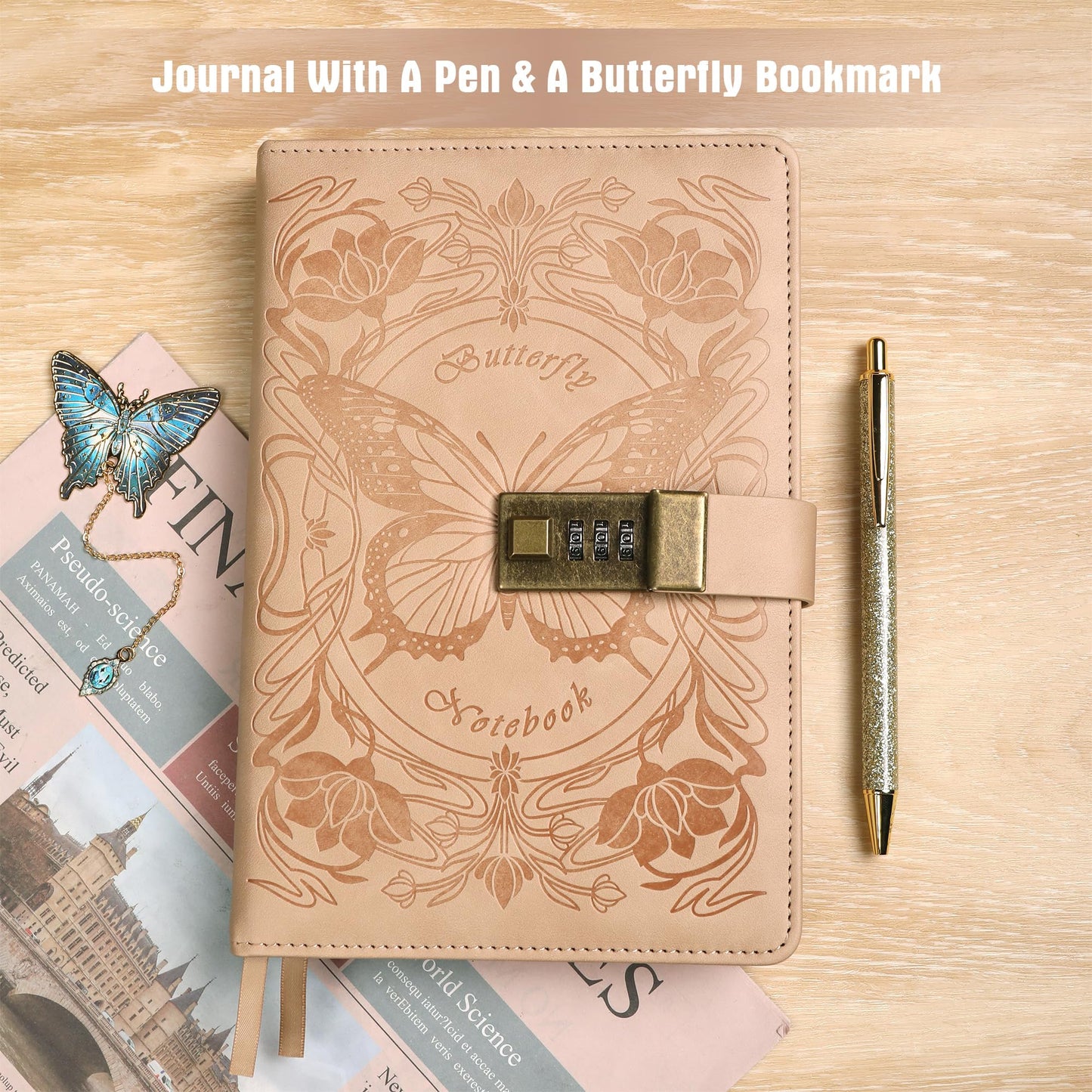TIEFOSSI Diary with Lock for Women Girls, Lined Locked Journal, Butterfly Journal Notebook with Pen and Bookmark, A5 Refillable Locking Journals for Writing