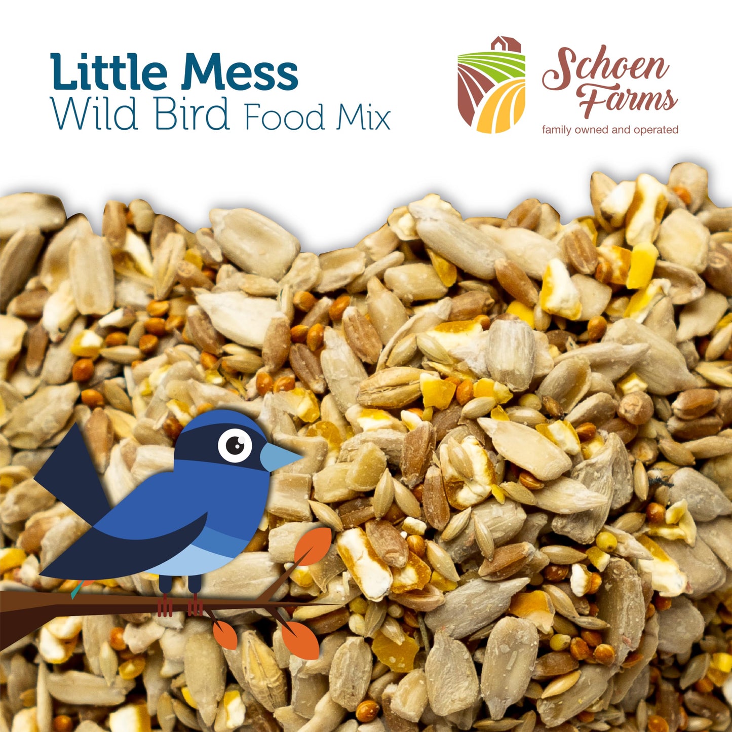 Schoen Farms Little Mess Wild Bird Food Mix – 4.54 kg Bag – Clean, No-Waste Seed Blend for Finches, Jays & Cardinals – with Sunflower Hearts & Millet – Canadian Grown