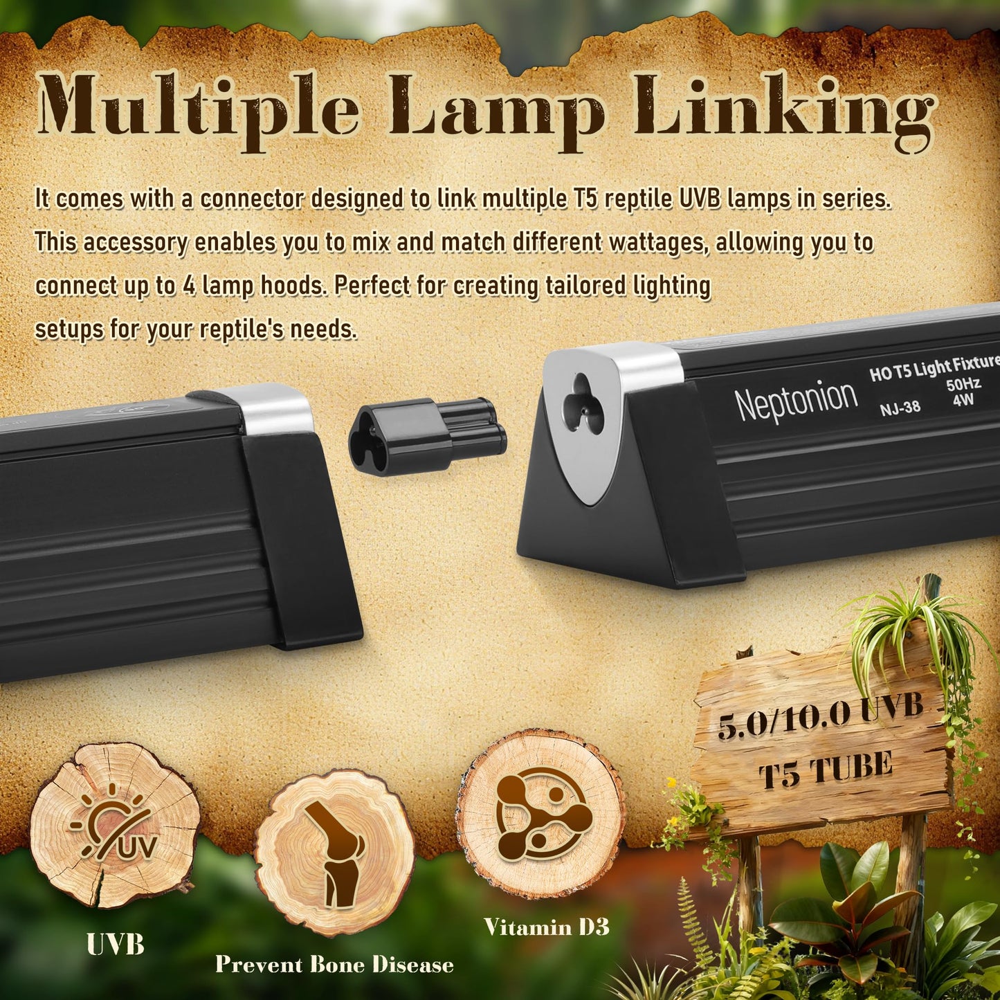 T5 Reptile UVB Light 22.7 Inches Fixture with UVB 10.0 Bulb – NEPTONION High Output Hood for Terrariums, Basking Reptiles, Lizards, Chameleons, Iguanas, Bearded Dragons, 14W