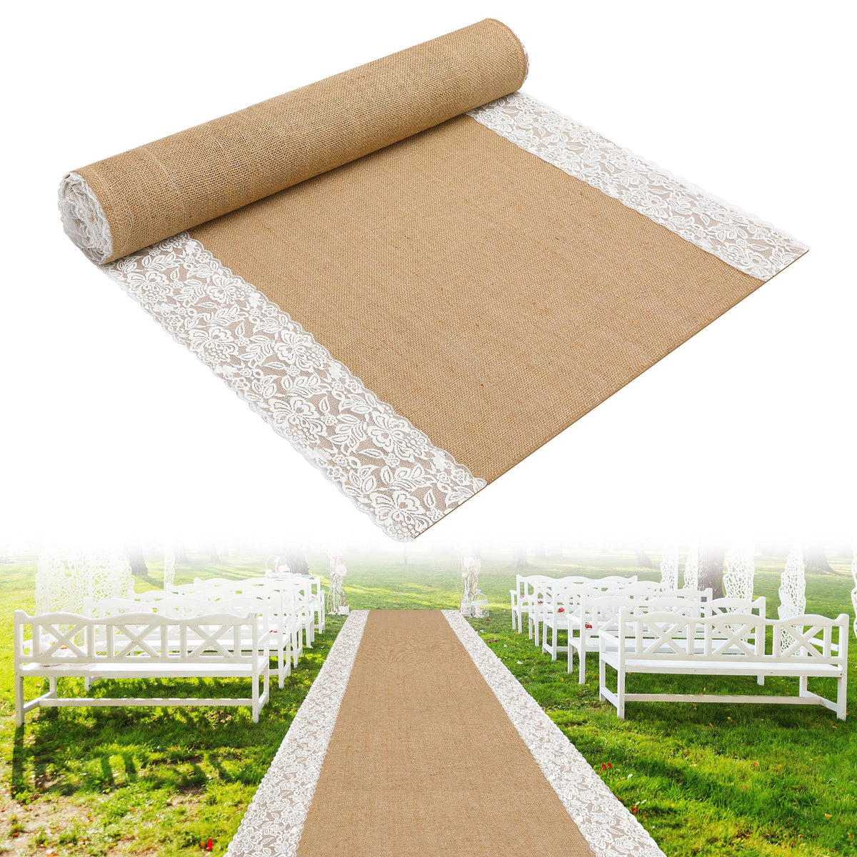 20 Ft x 36 in Natural Burlap Wedding Aisle Runner, Rustic Jute Weddings Runway Carpet with Lace, Ceremony Burlap Carpet Roll for Beach Garden Church Reception Craft Decor