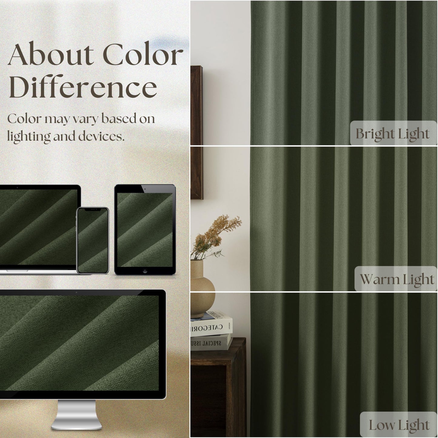 Olive Green 100% Blackout Curtains Linen Textured for Bedroom Black Out Linen Curtains 84 Inches Long Full Light Blocking Thermal Insulated Drapes Energy Saving Rod Pocket Back Tab 52x84 Inch Green