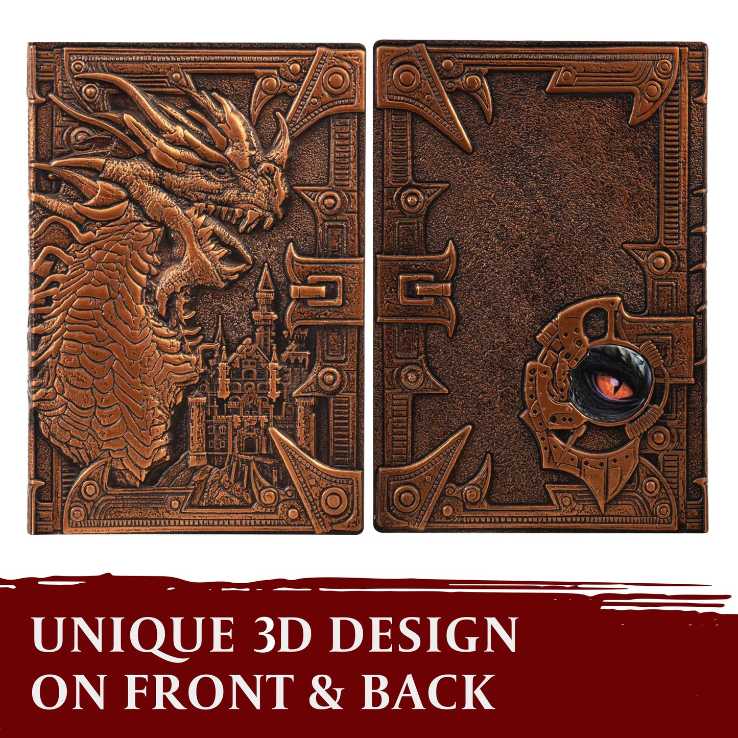 DND Notebook / Journal, Unique 200 Page Book with 3D Bronze Dragon Embossed Faux Leather Cover with Pen- Ideal for Dungeons & Dragons / D&D. Great RPG Accessories Nerdy Fantasy Gift for DM's & Players, Men or Women.