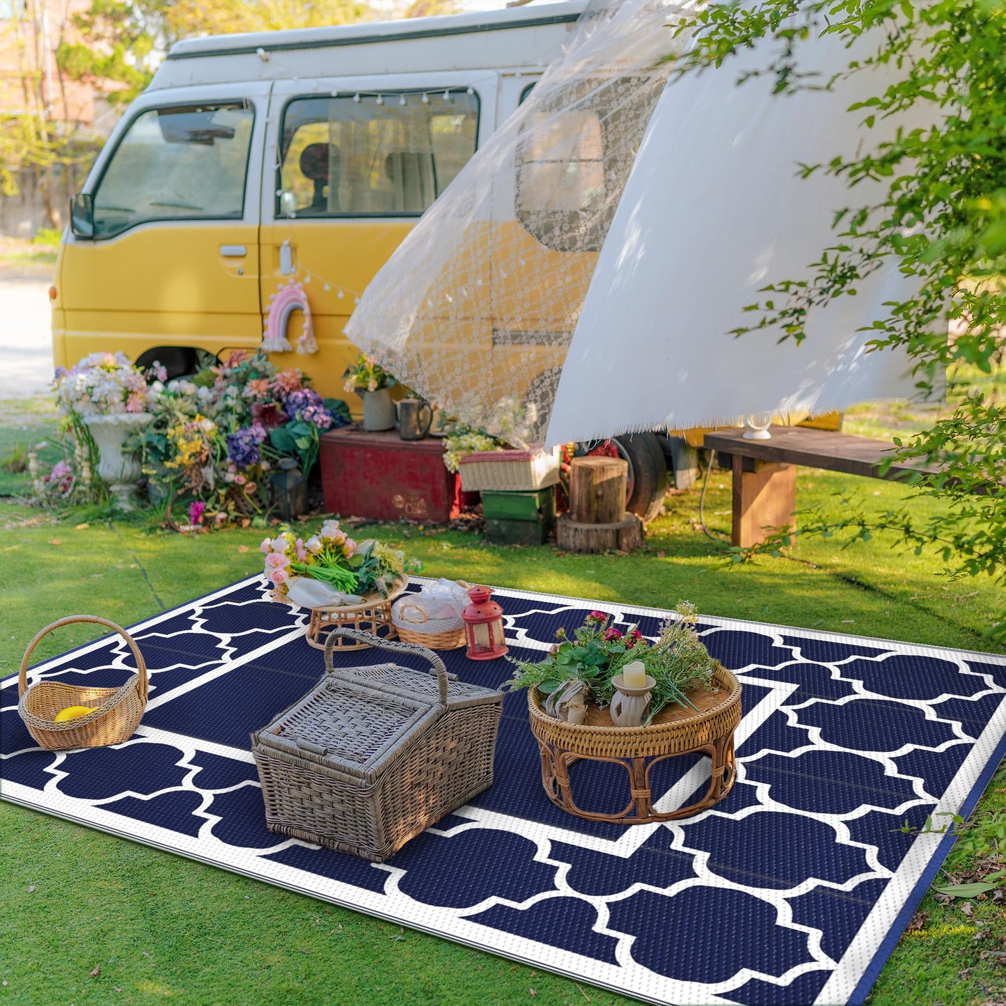 GENIMO Outdoor Rug Waterproof for Patio Decor, Foldable Reversible Plastic Straw Area Rugs Mat for Camper, Outside Carpet for Rv, Deck, Porch, Picnic, Beach, Balcony