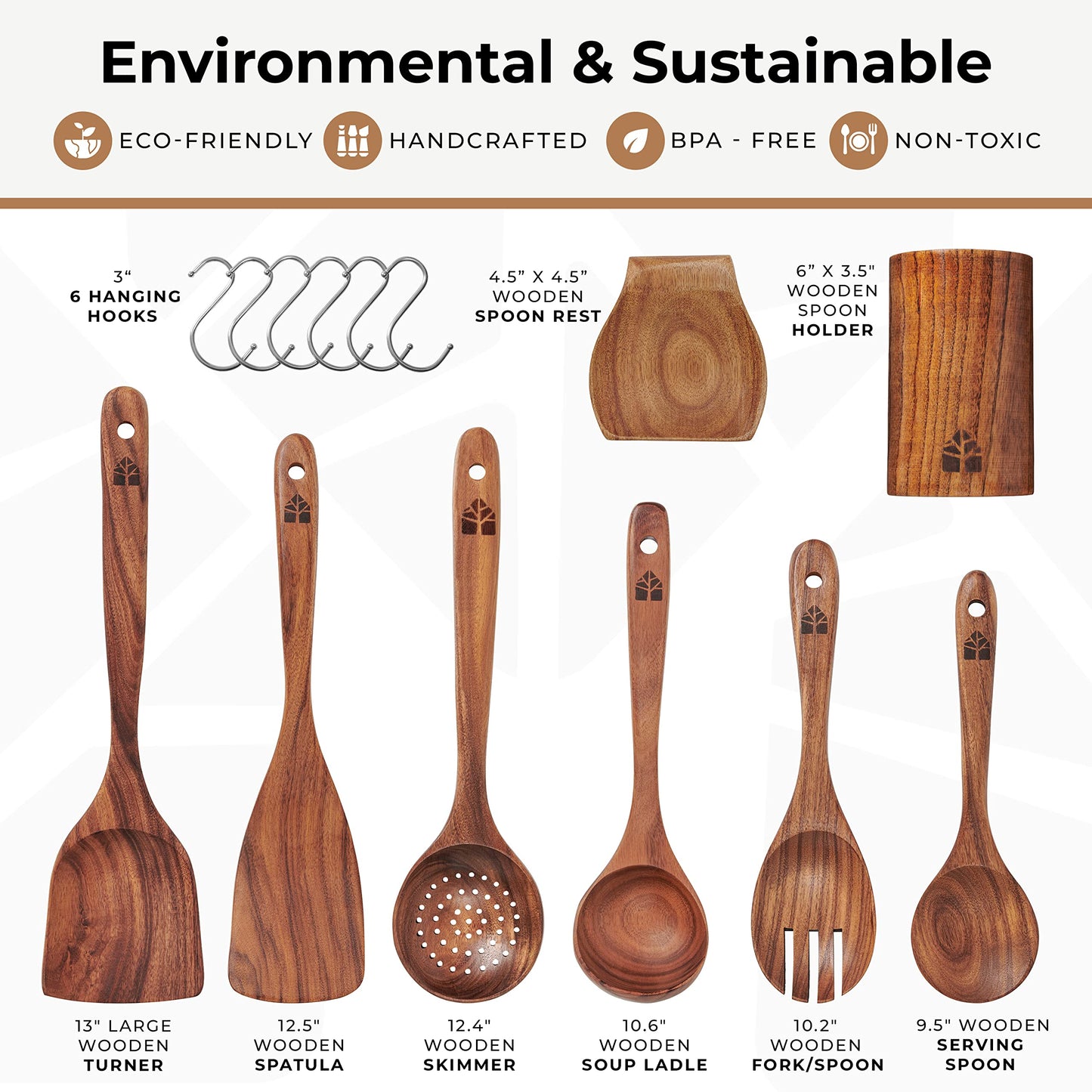 Wooden Spoons for Cooking, Cooking Utensils Set, Kitchen Utensil Set with Holder, Spoon Rest & Hanging Hooks, Teak Wood Nonstick Cookware – Durable Set of 8pcs by Woodenhouse