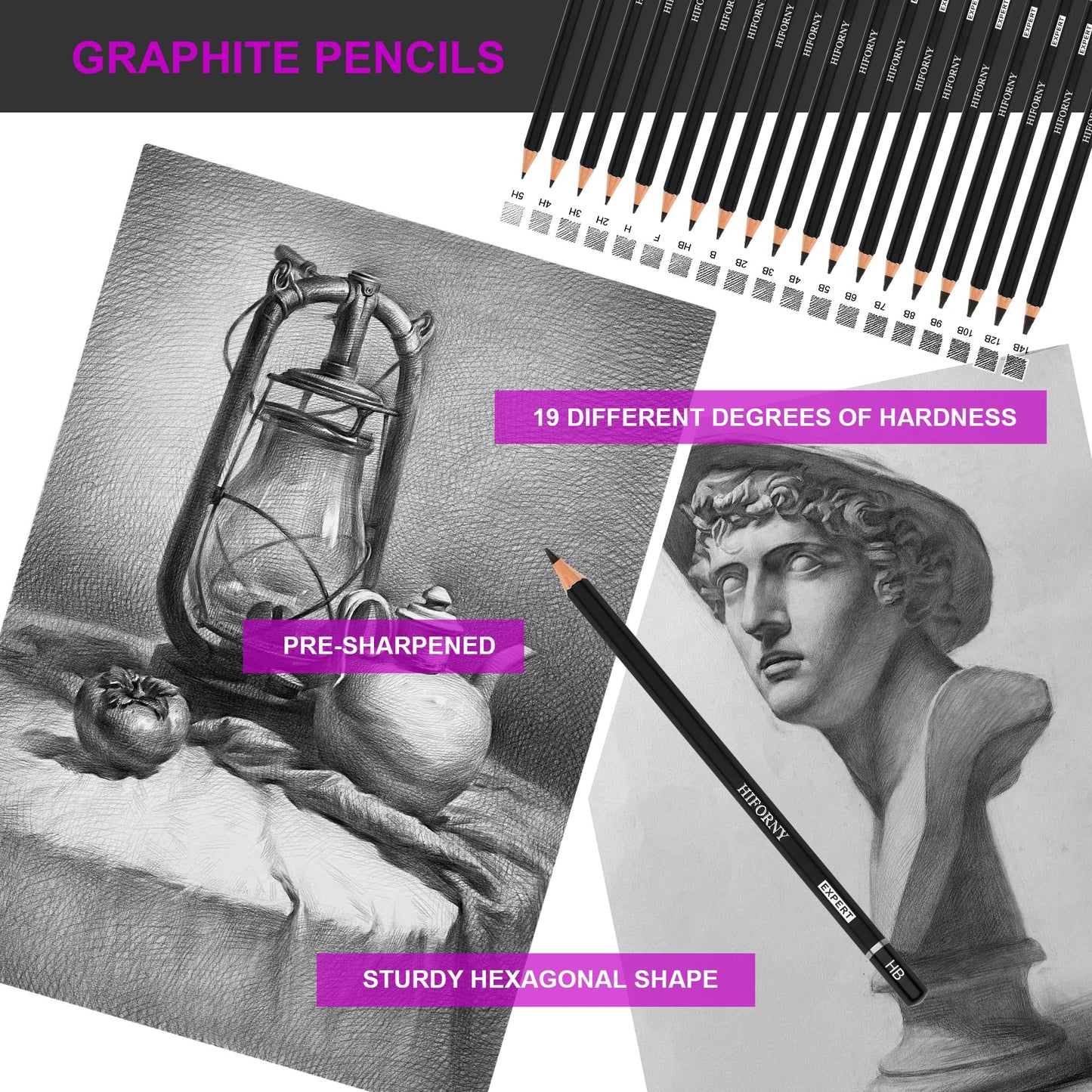 HIFORNY 70 Pcs Drawing Set Sketching Kit - Sketch Pencils Art Supplies for Adults Artists with 3-Color Sketchbook,Graphite,Pastel,Charcoal Pencils,Blending Tools
