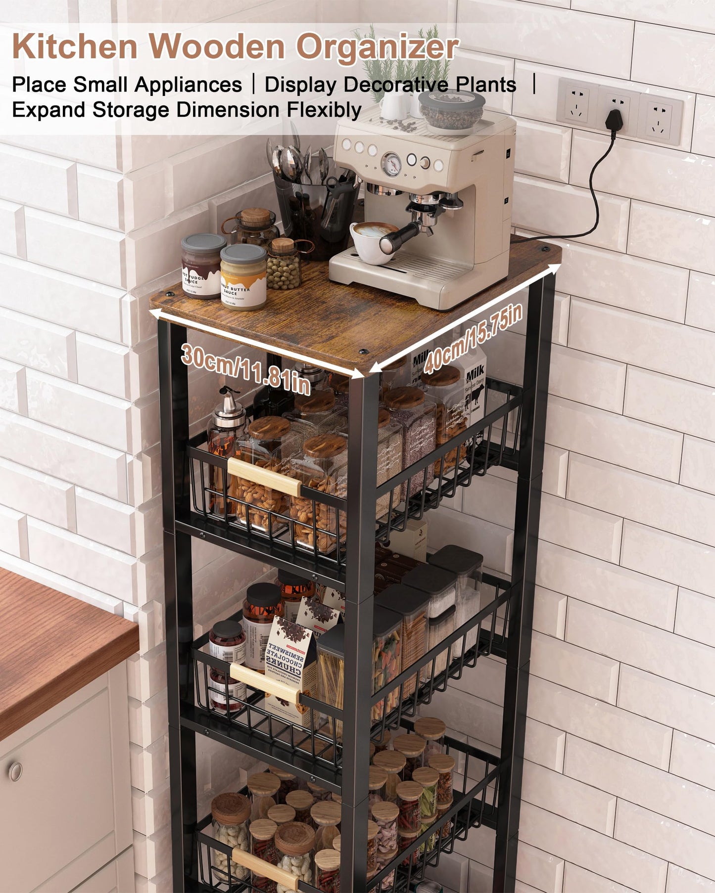 Ornestia 5-Tier Storage Cart,Metal Shelving Units Storage Slide Out,Kitchen Tall Storage Trolley with Wheels Wooden Top(40cm*30cm*107cm -Black)