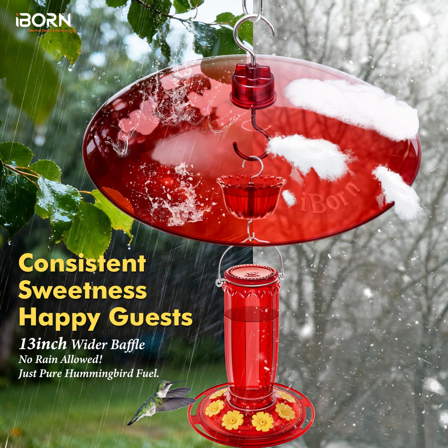 iBorn 13-inch Hummingbird Feeders Baffle, Weather Guard, for Hanging Bird Feeder for Outdoors Rain Guard, Chew-Proof Polycarbonate, Pack of 2, Red