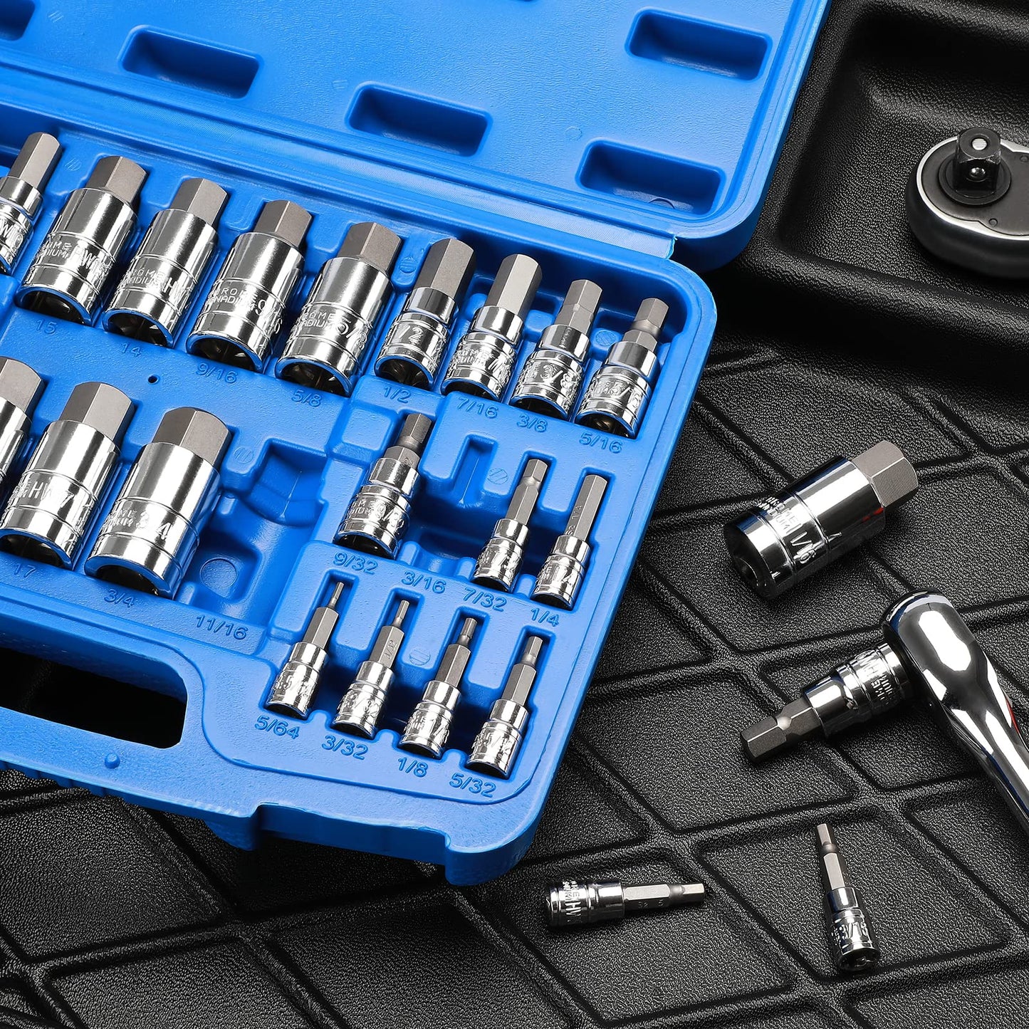 Mayouko 33PCS Master Hex Allen Bit Socket Set, S2 & Cr-V Steel, SAE and Metric, 5/64-Inch to 3/4-Inch, 2mm to 19mm