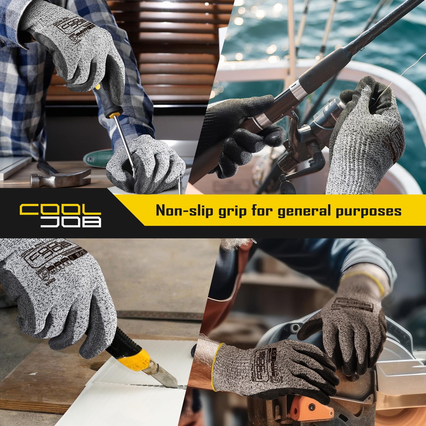 COOLJOB 12 Pairs A4 Cut Resistant Work Gloves with Grip, Polyurethane PU Coated, for Wood Carving, Glass Handling, Construction, Warehouse, Breathable & Lightweight, Gray Large