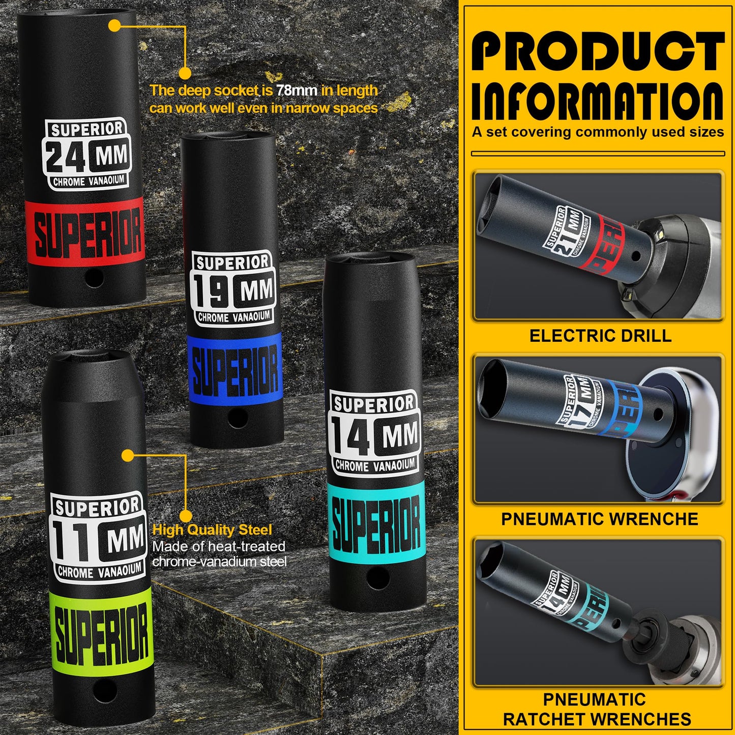 Aiourx 14 Piece 1/2" Drive Impact Socket Set, Metric Deep Socket, CR-V Steel, 6 Point, 8mm to 22mm, Automobile Repair, Equipment Maintenance