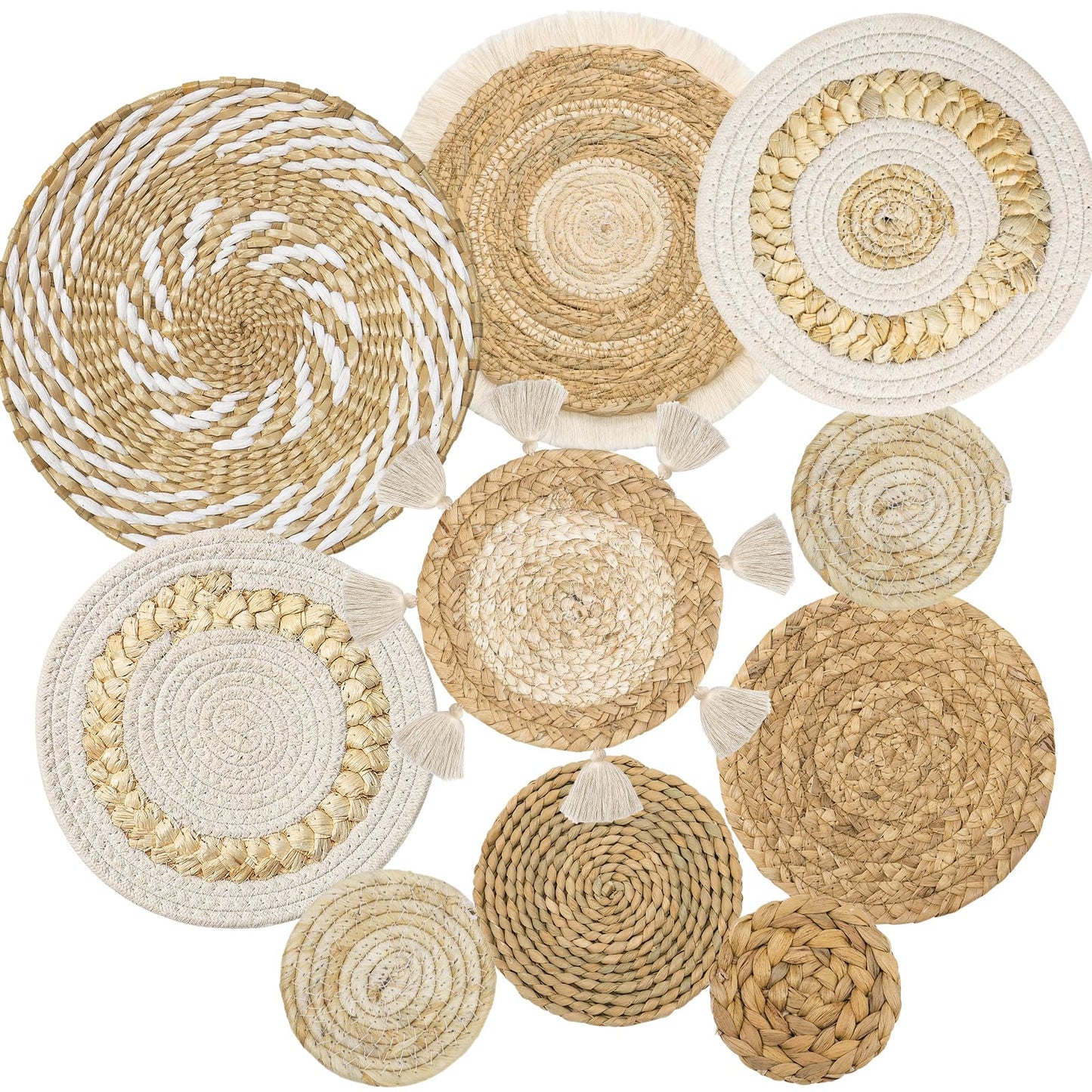LOMOHOO Set of 10 Boho Wall Basket Decor Wicker Woven Wall Basket Decorations Bohemian Handcrafted Round Basket Hanging decor Bulrush Wall Art Decors for Living Room Rustic Home