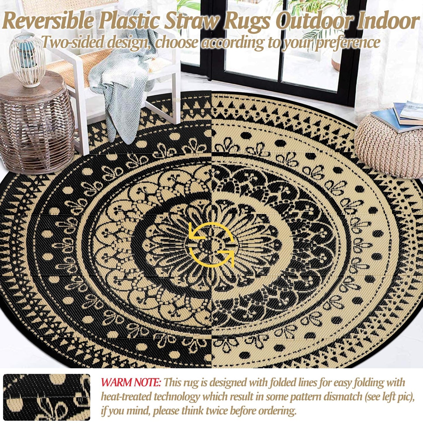 Cekene Round Outdoor Rugs for Patio 8Ft Waterproof Reversible Outdoor Patio Rugs Black Lightweight Plastic Straw Rugs Portable RV Camping Mat Floor Carpet for Deck Porch Picnic BBQ