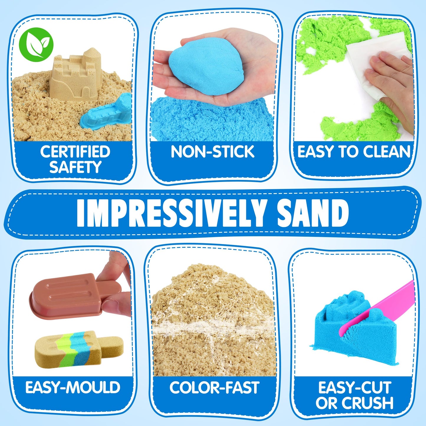 Billeeit 4.4 lbs Play Sand w/Storage Sandbox, 4-Pack(2 Yellow, 1 Blue, 1 Green), Sensory Bin Refill Sand for Shaping, Molding, Pressing, Scooping, Rolling, Self-Sticking Sand Sensory Toy for Kids 3+