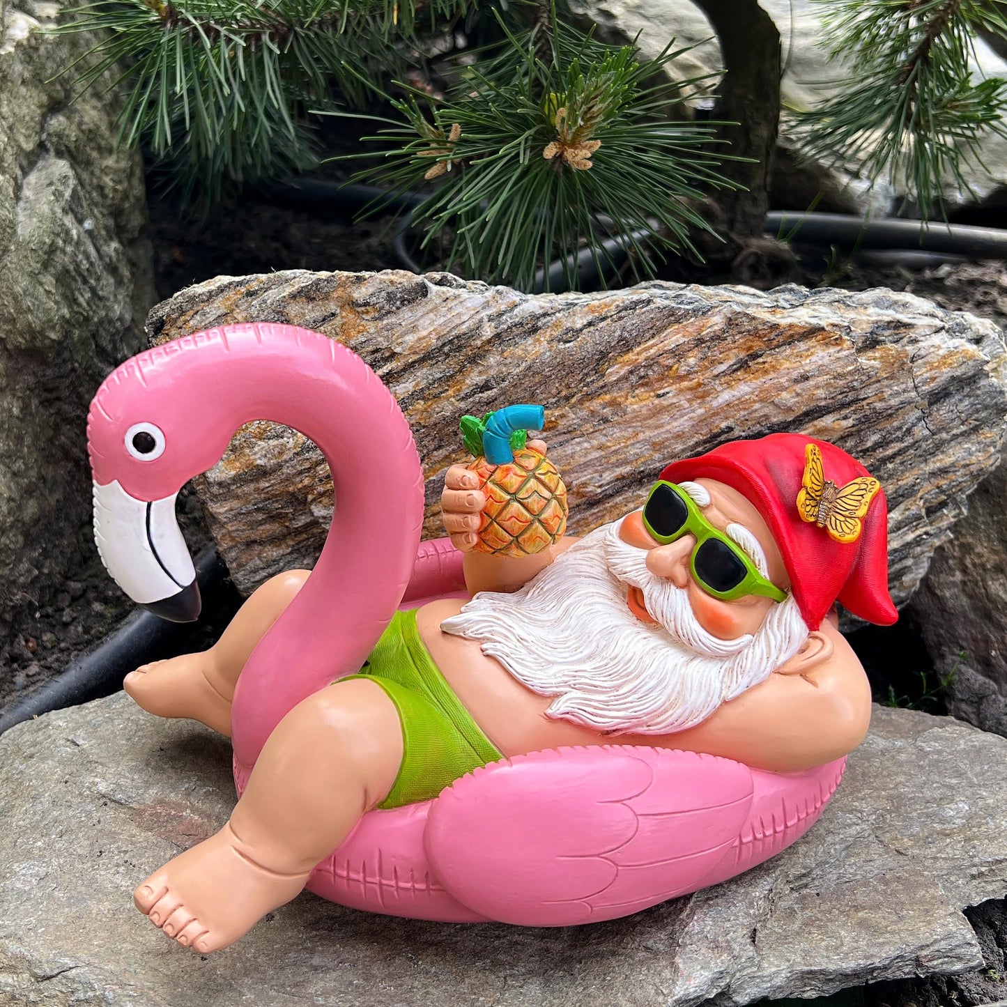 Mood Lab Garden Gnome on Flamingo - Funny Gnome Figurine - 8 Inch Depth Lawn Statue - for Outdoor or House Decor