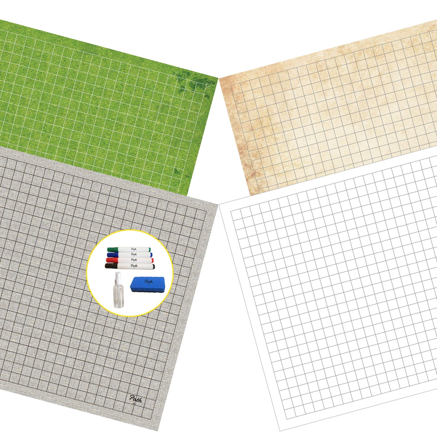 Path Gaming Double Sided Battle Grid Game Mat 36 X 24 Inches - 4 Terrains with 4 Markers+1Eraser+1Spray Bottle. Great for Tabletop RPG Games Like Dungeons and Dragons - DND Game Mat