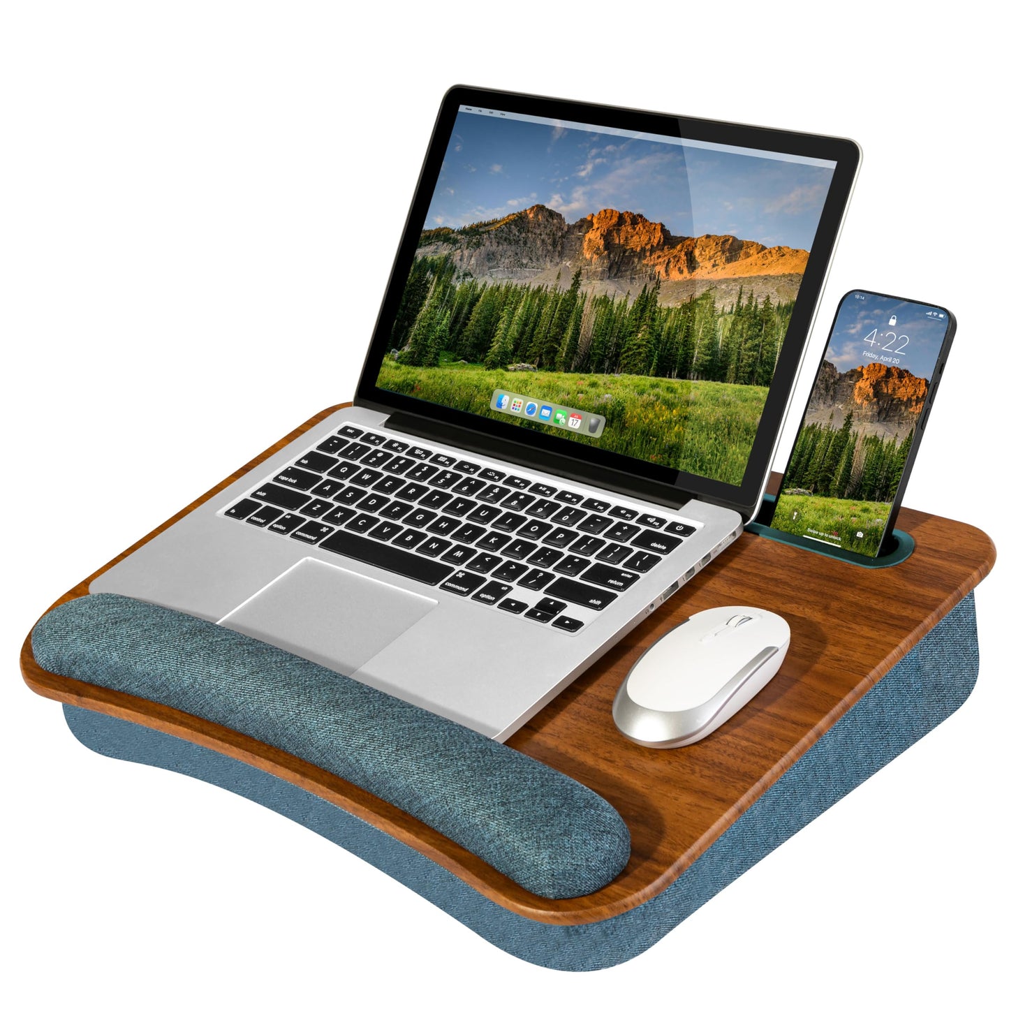 LAPGEAR Portable Laptop Lap Desk with Pillow Cushion, Anti-Slip Strip, Tablet or Phone Storage Slot, Pen and Pencil Pocket, and Wrist Rest - Espresso Woodgrain - Fits 17.3" Laptops - Style No. 91342