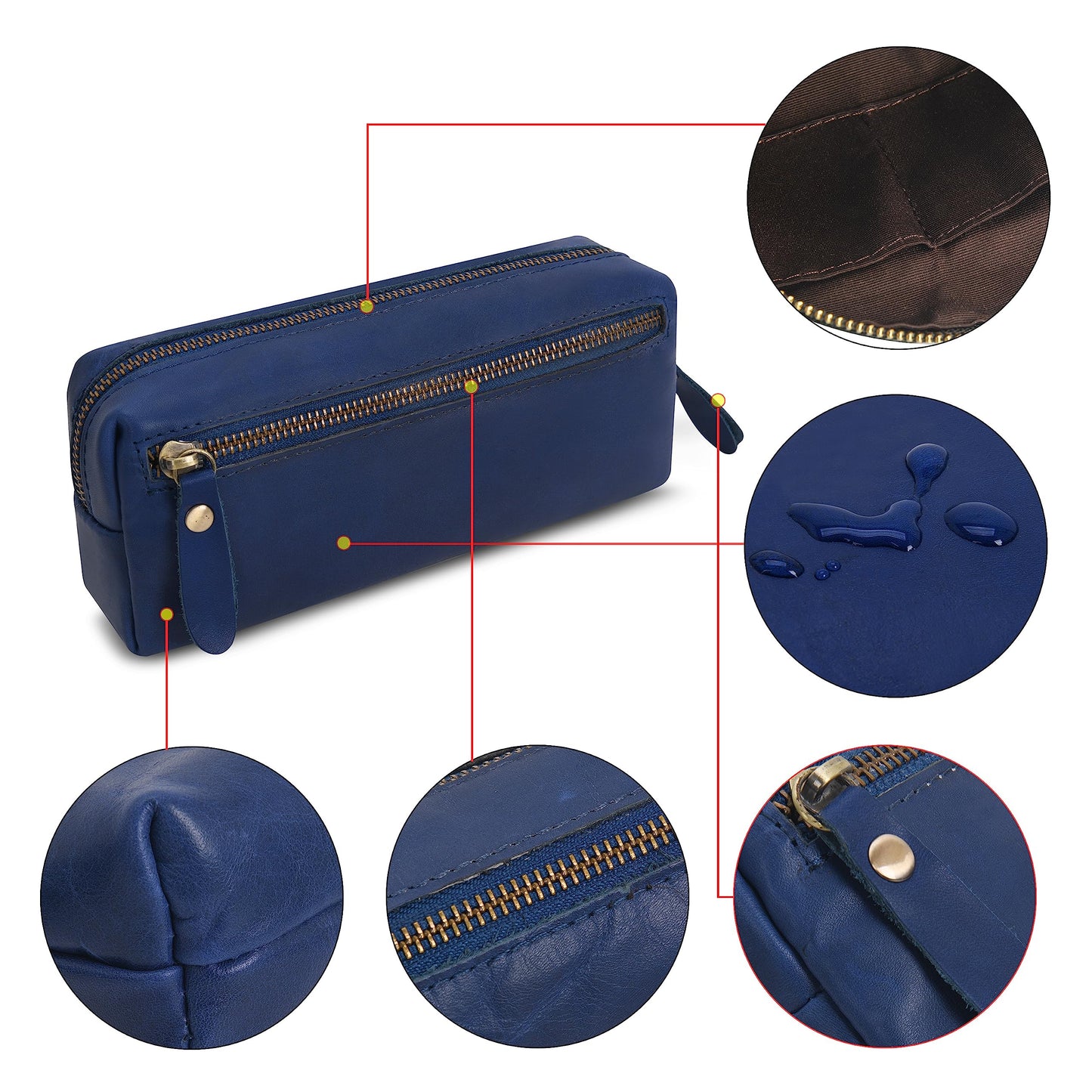 Wonderpool Pen Case Real Leather Pencil Pouch Markers Holder Big Capacity Bag with Side Zippered Pocket Sleeve for Stationery Makeup Utensils Tool Organizer (Blue)