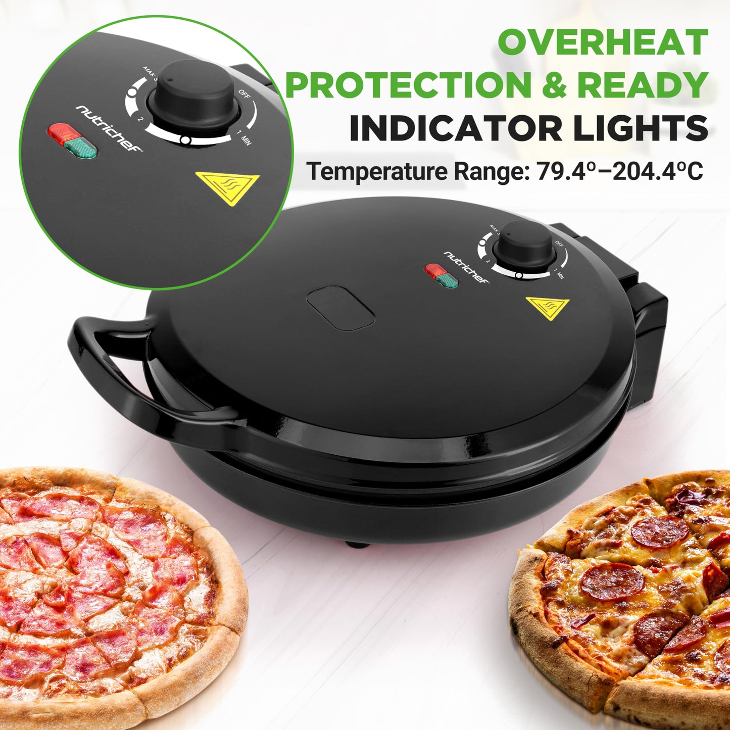 NutriChef Countertop Pizza Maker 1500W Non-Stick Electric Pizza Cooker Temp Control Handle Make 12" Pizzas, Eggs, Toast & More Cool-Touch Handles, Compact 175–400°F Black