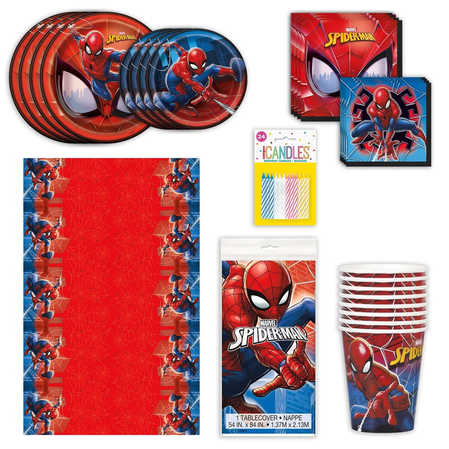 Spider-Man Party Supplies Bundle | Official Licensed Tableware Set with Plates, Cups, Napkins, and Tablecloth | Ultimate Kids Birthday Party Kit for Boys, Girls, and Superhero Fans