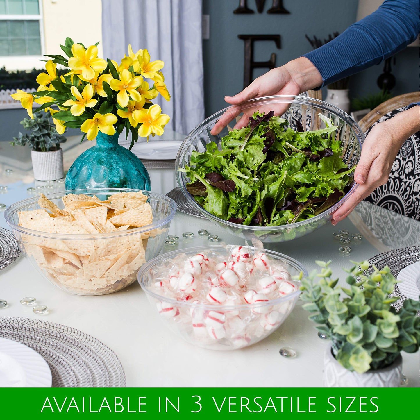 PLASTICPRO Disposable 150 Ounce Round Crystal Clear Plastic Serving Bowls, With Lids Party Snack or Salad Bowl, Chip Bowls, Snack Bowls, Candy Dish, Salad Container Pack of 4