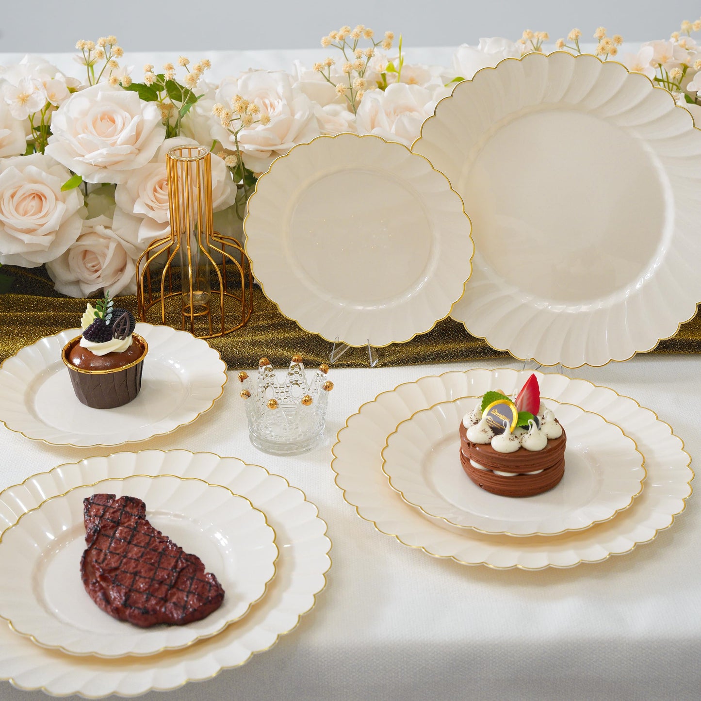 ISFANGCO 72PCS Ivory Plastic Plates Set for 36 Guests, Heavy Duty Disposable Gold Rim Scalloped for Wedding Party, 36 Dinner Plates 10.25", 36 Dessert Plates 7.25"