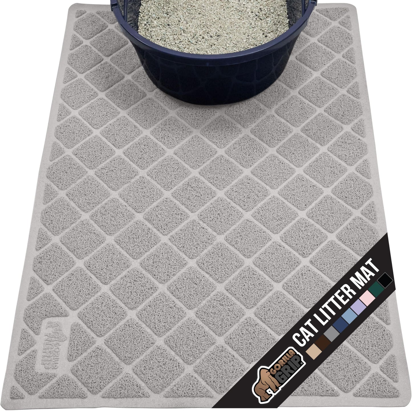 GORILLA GRIP Cat Litter Box Mat, 47x35, Water Resistant Kitty Litter Trapping Mat, Textured Backing, Easy to Clean, Less Waste and Clean Floors, Kitten Supplies for Indoor Cats, Soft on Paws, Lt Gray