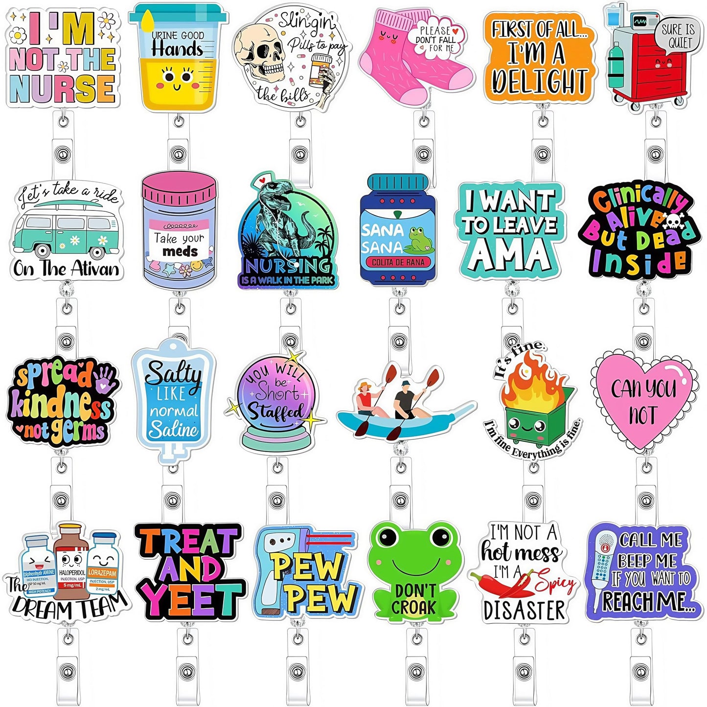 Wonninek 24 Pcs Badge Reels Bulk Clip Holder Retractable Fun Cool Name ID Badge Reel Pack for Medical Nurse Assistant Coworker Work Office Accessories Bulk Gifts